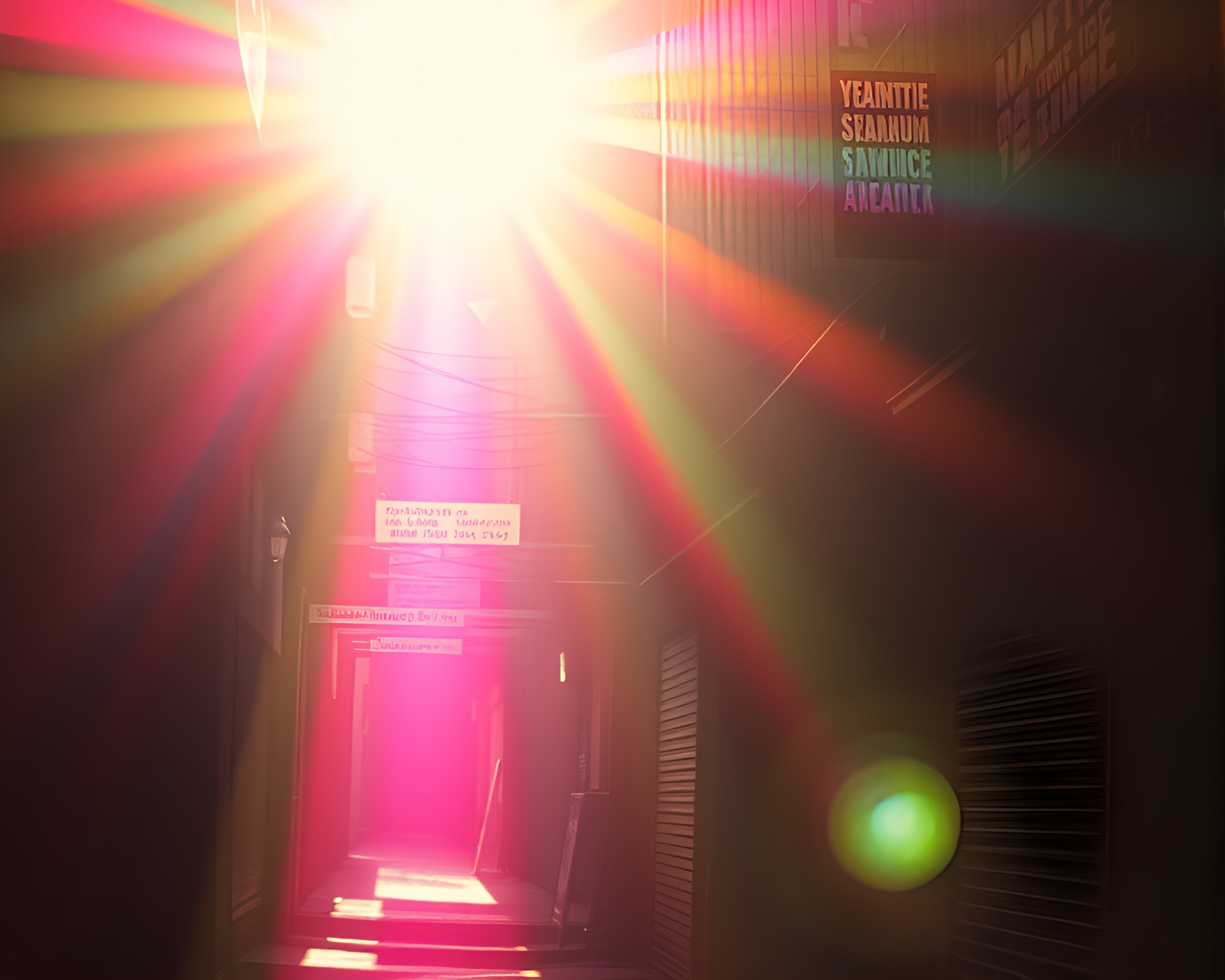 Cyberpunk Alley Silhouette with Rainbow Lens Flare – free AI stock image