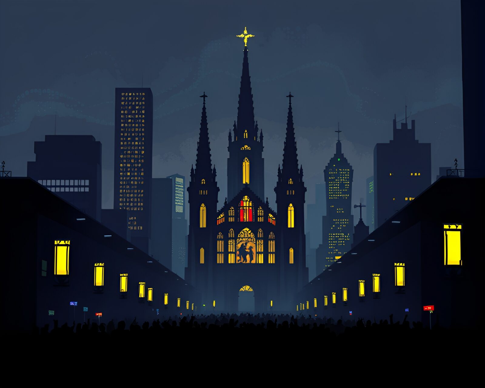 Silhouettes of crowd under skyscrapers with stained glass light