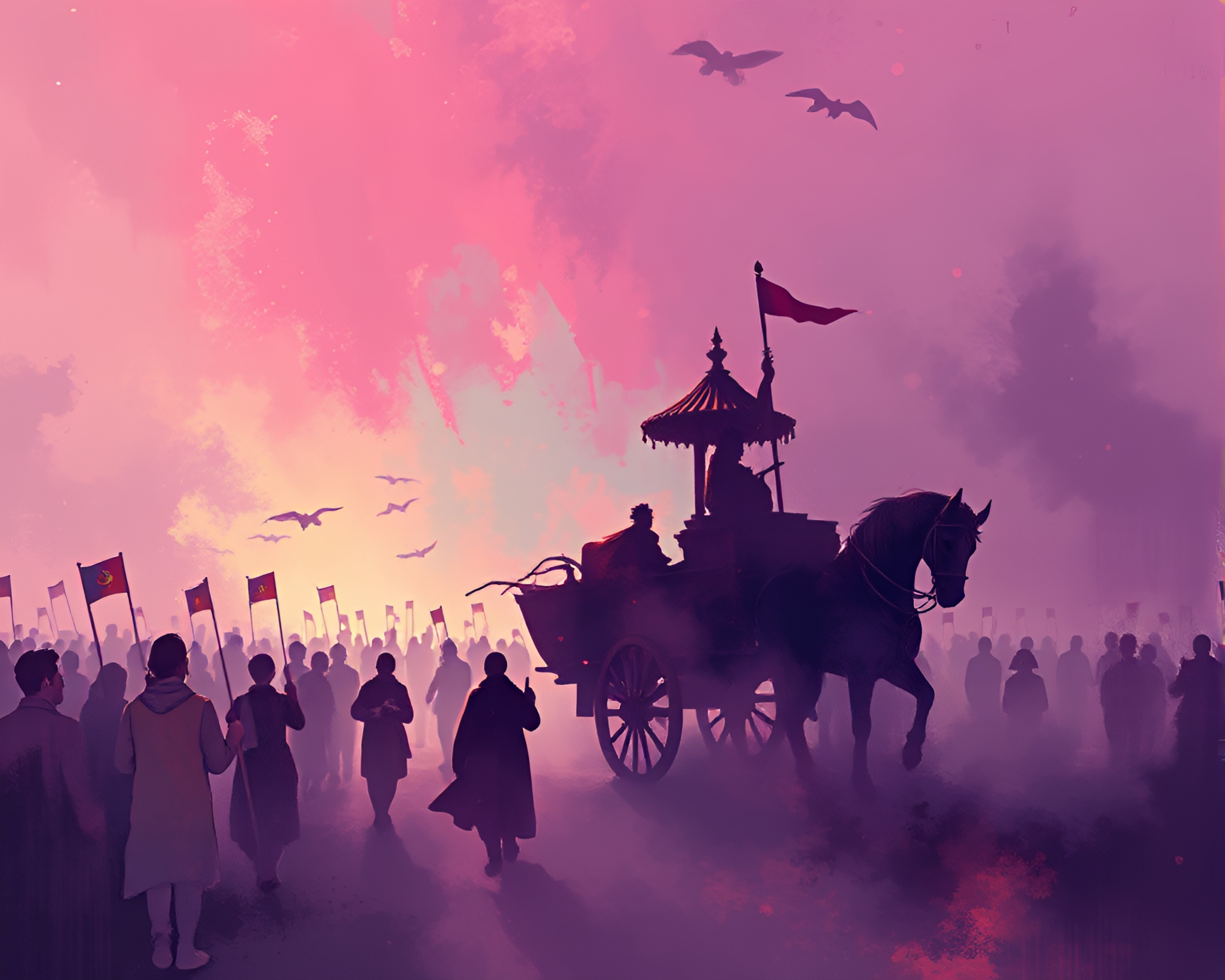 Glowing Chariot in Silhouette Crowd Night Scene – free AI stock image
