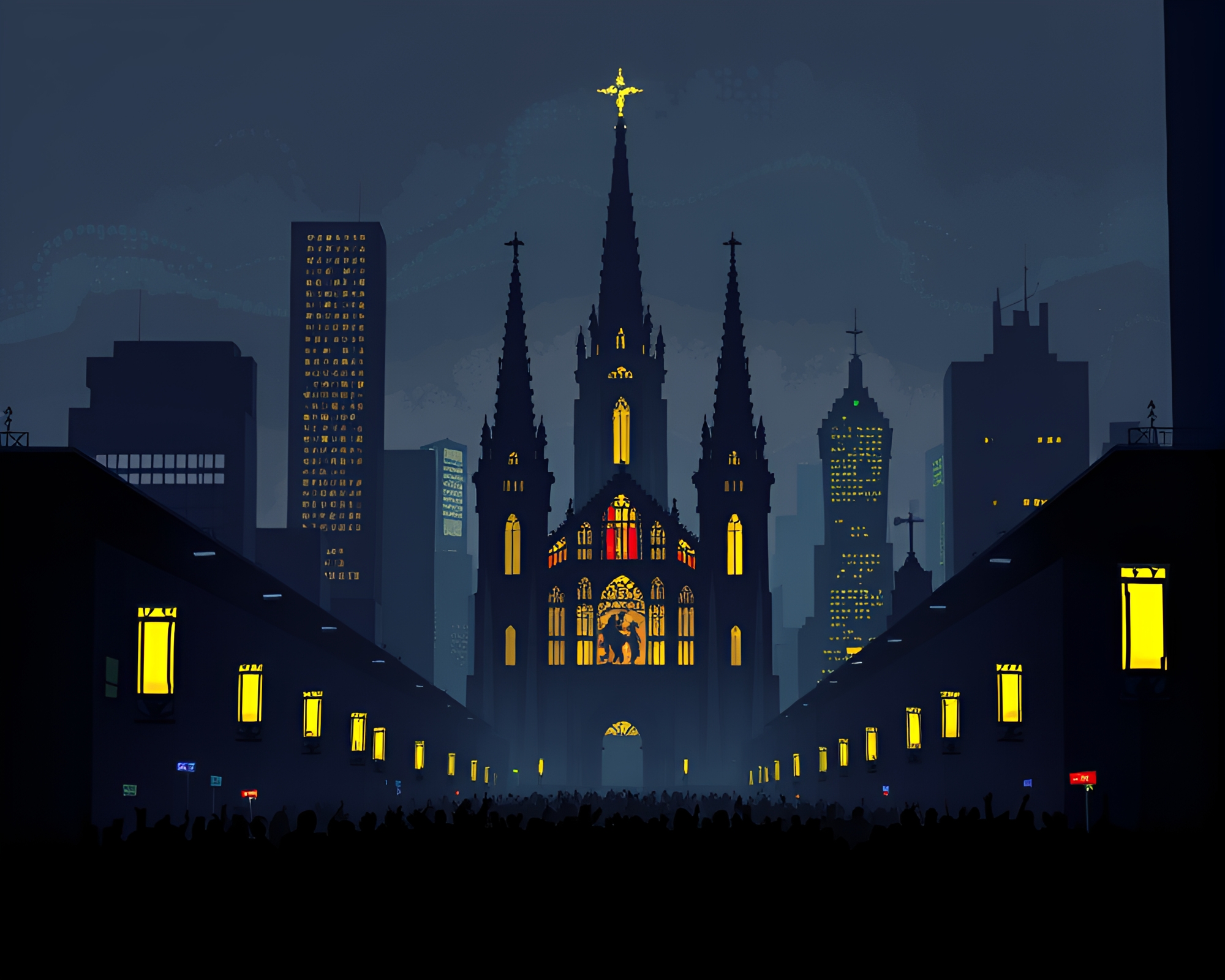 Skyline Shadows: Pixelated Cathedral Glow – free AI stock image
