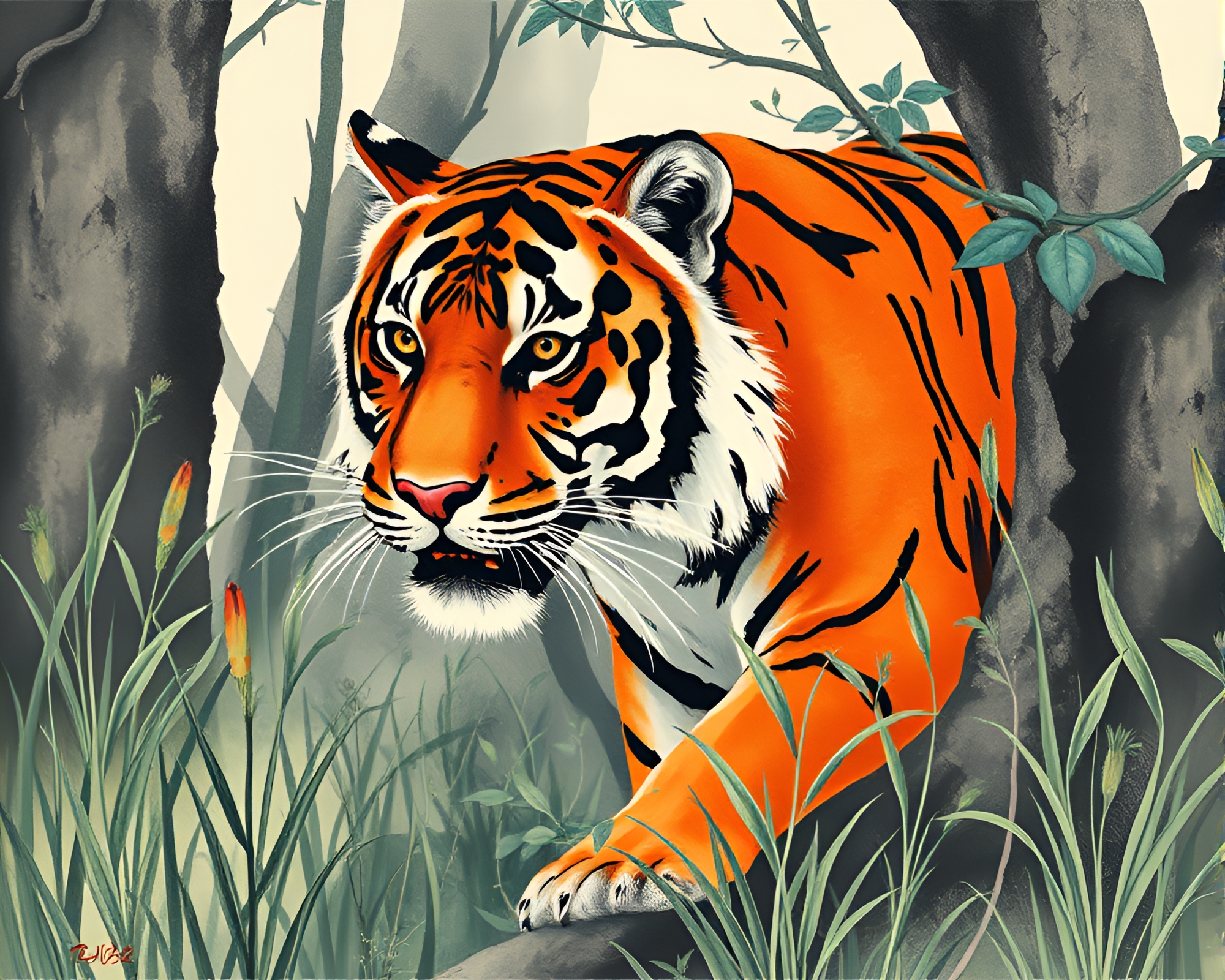 Wildlife Watercolor: Brick Red Tiger Woodblock Print Marks – free AI stock image