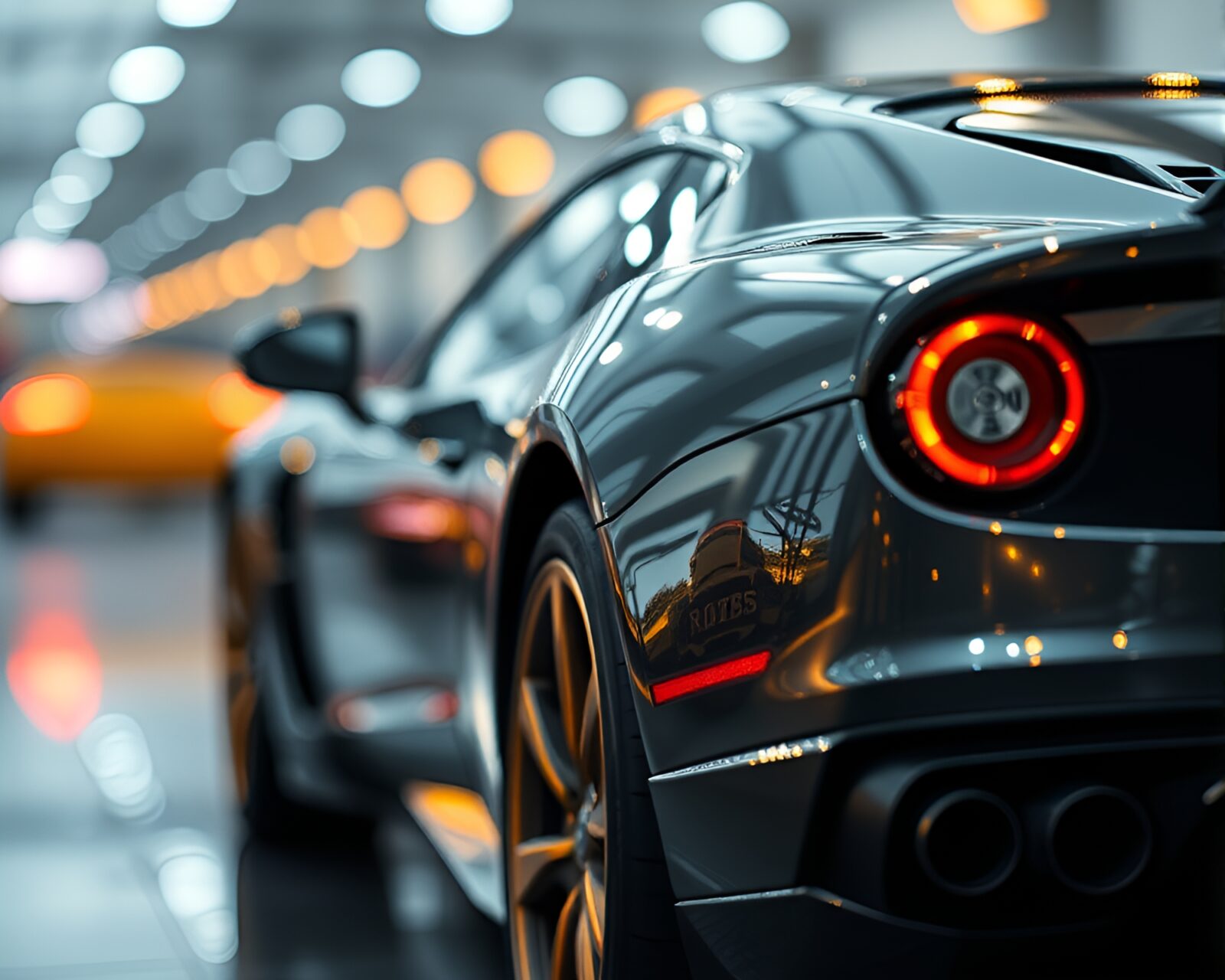 Sleek graphite gray hover car with shimmering gold details