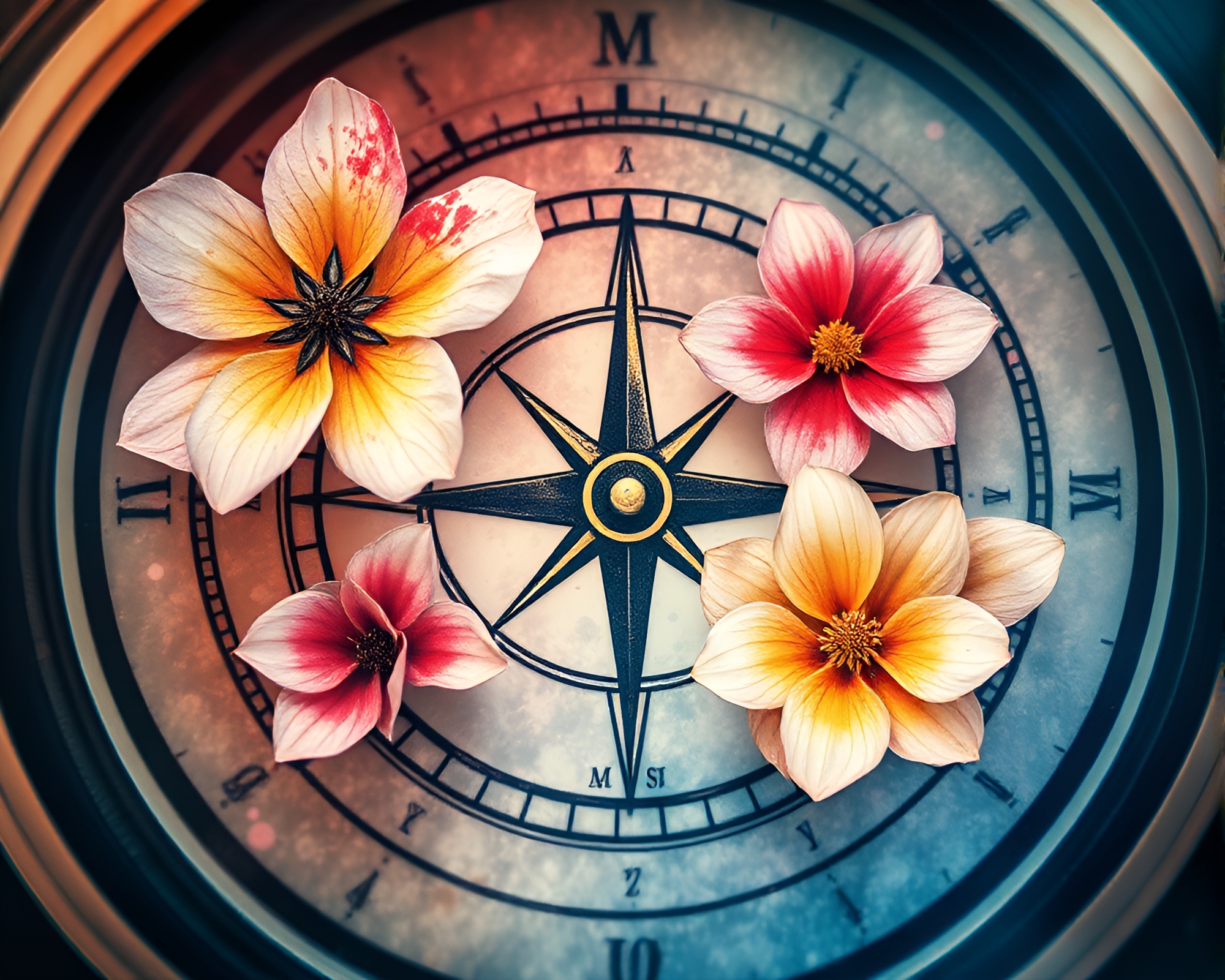 Antique Compass Holographic Watercolor Blooms – free AI stock image