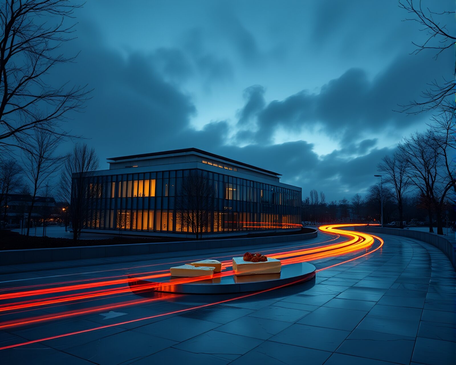 Architectural rendering of steel-blue cheese platter with light trails