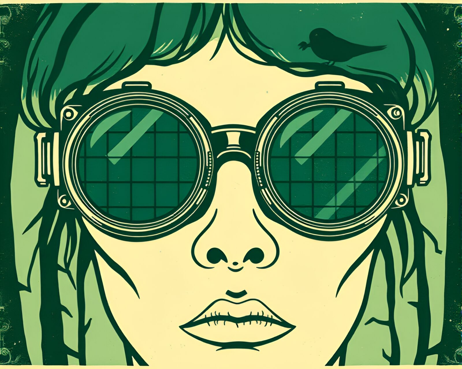 Linocut print of steampunk goggles in a green forest