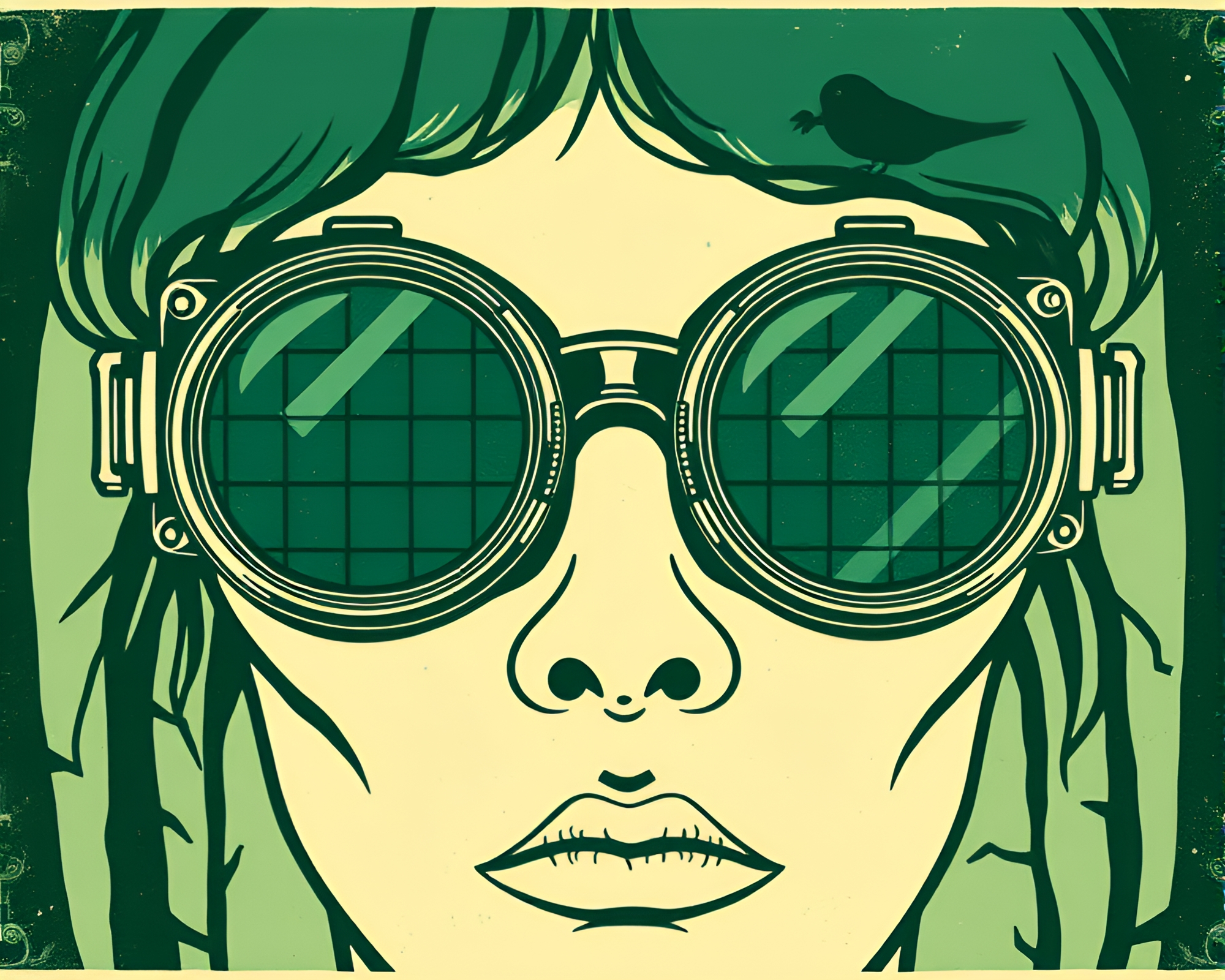 Steampunk Goggles in Lush Forest Grid – free AI stock image