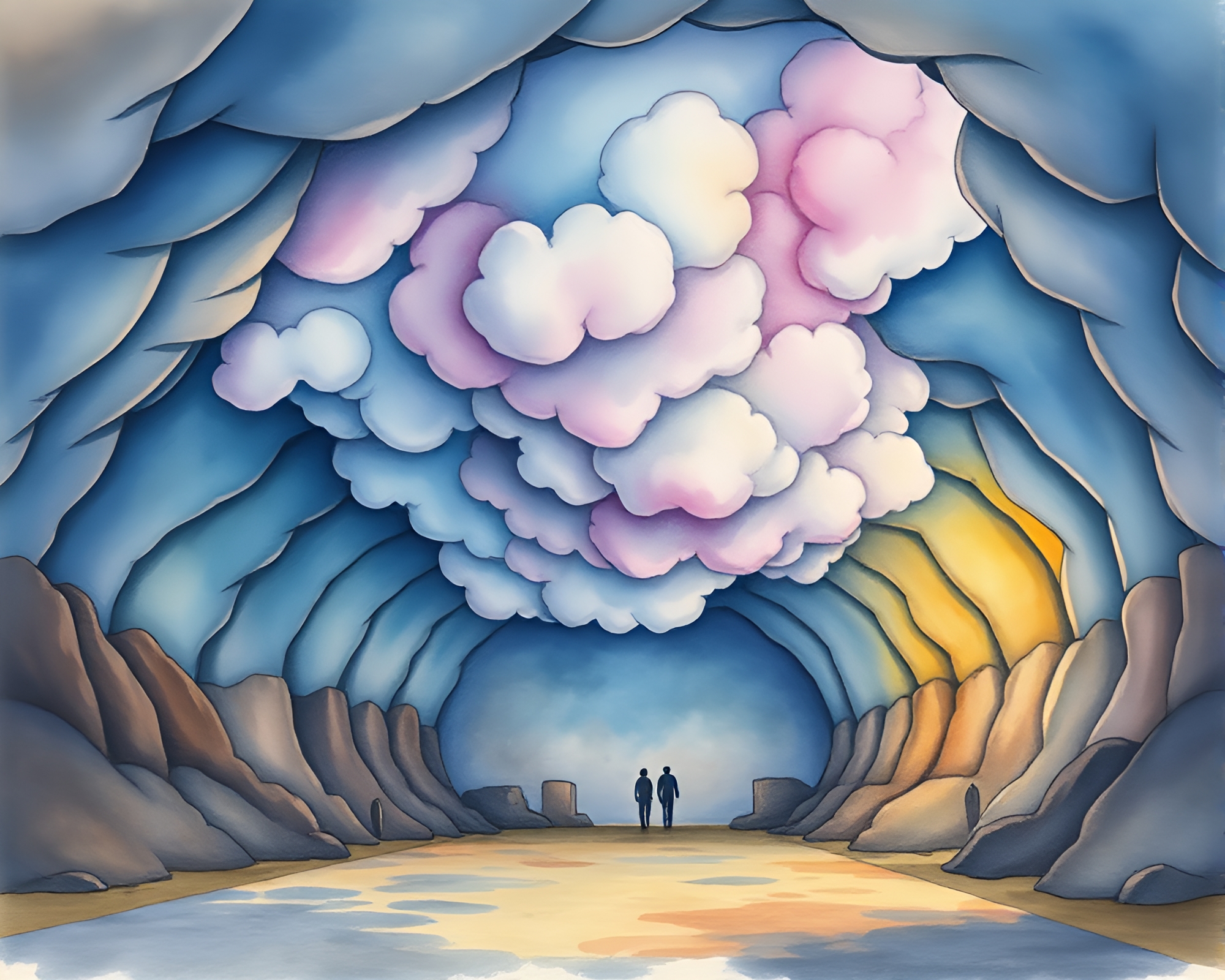 Ethereal Clouds Over Underground Bunker in Watercolor – free AI stock image