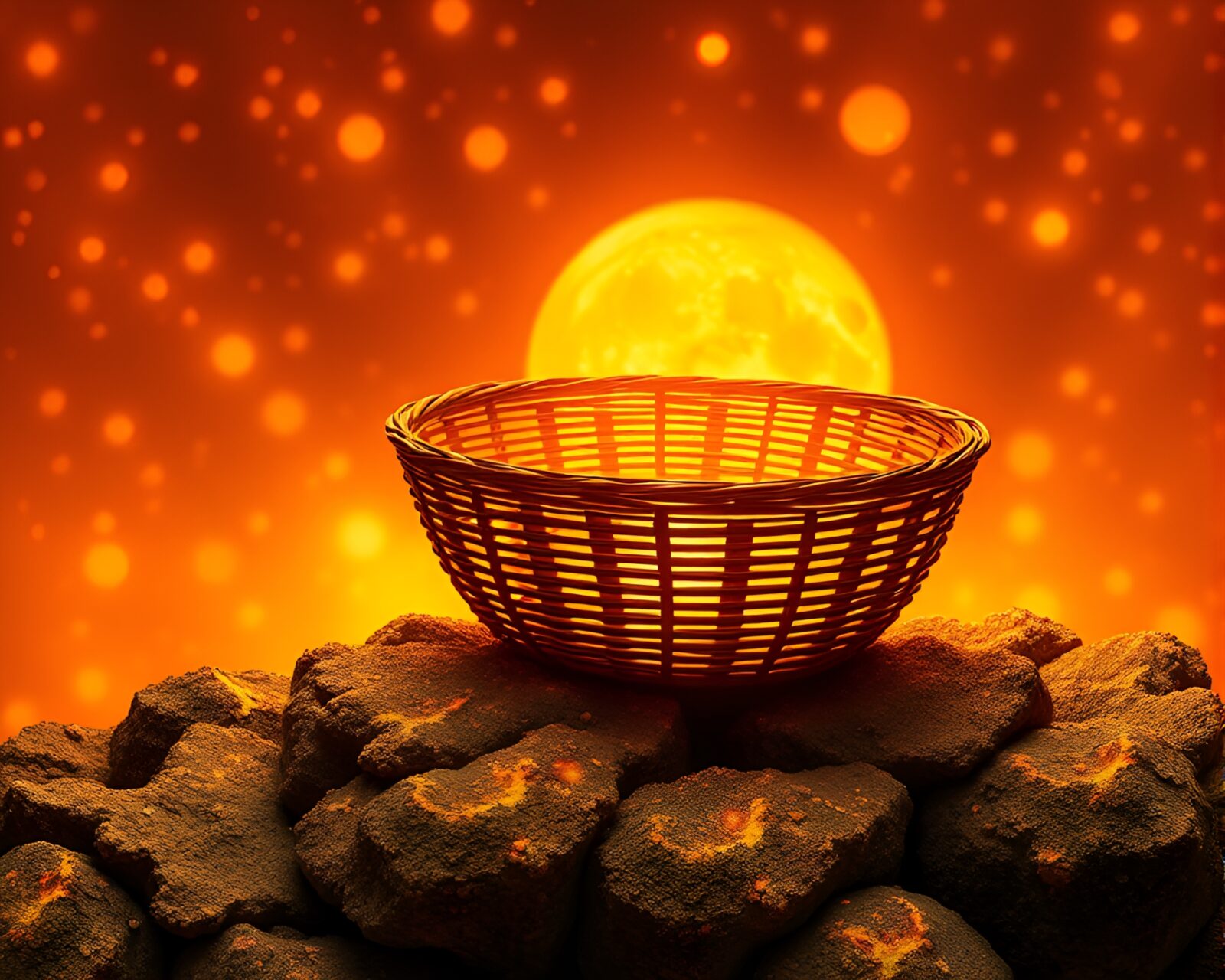Vibrant screen print of lichen-covered dim sum basket glowing