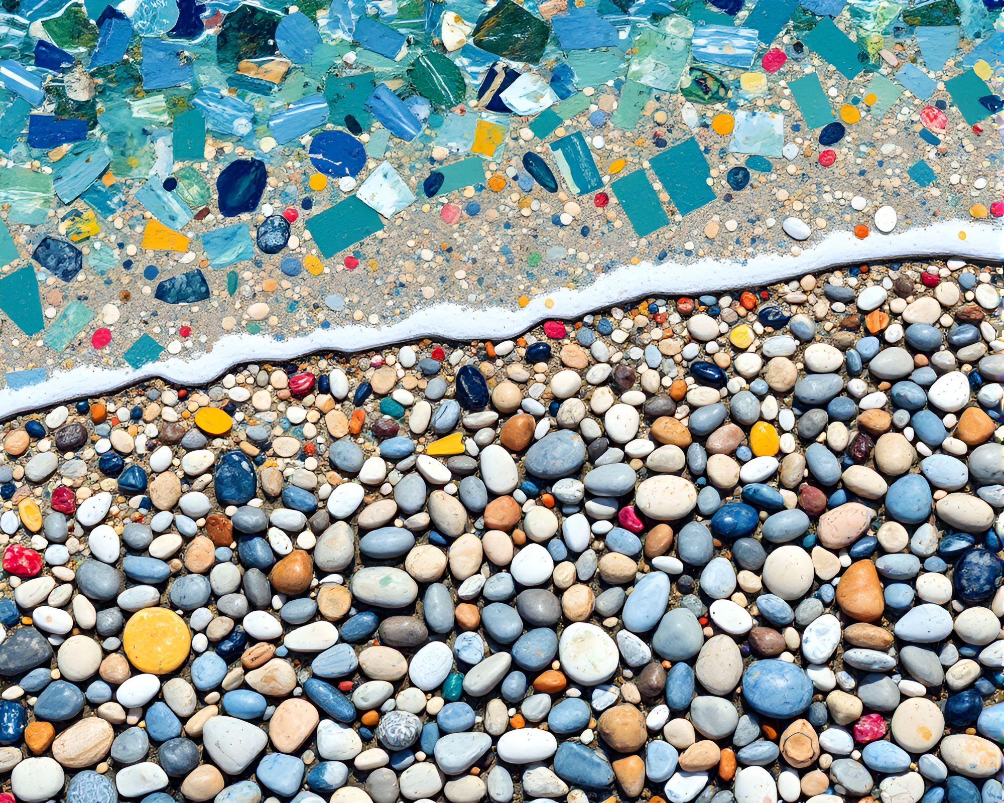 Cubist Pebble Beach with Intricate Paint Splatter Patterns – free AI stock image