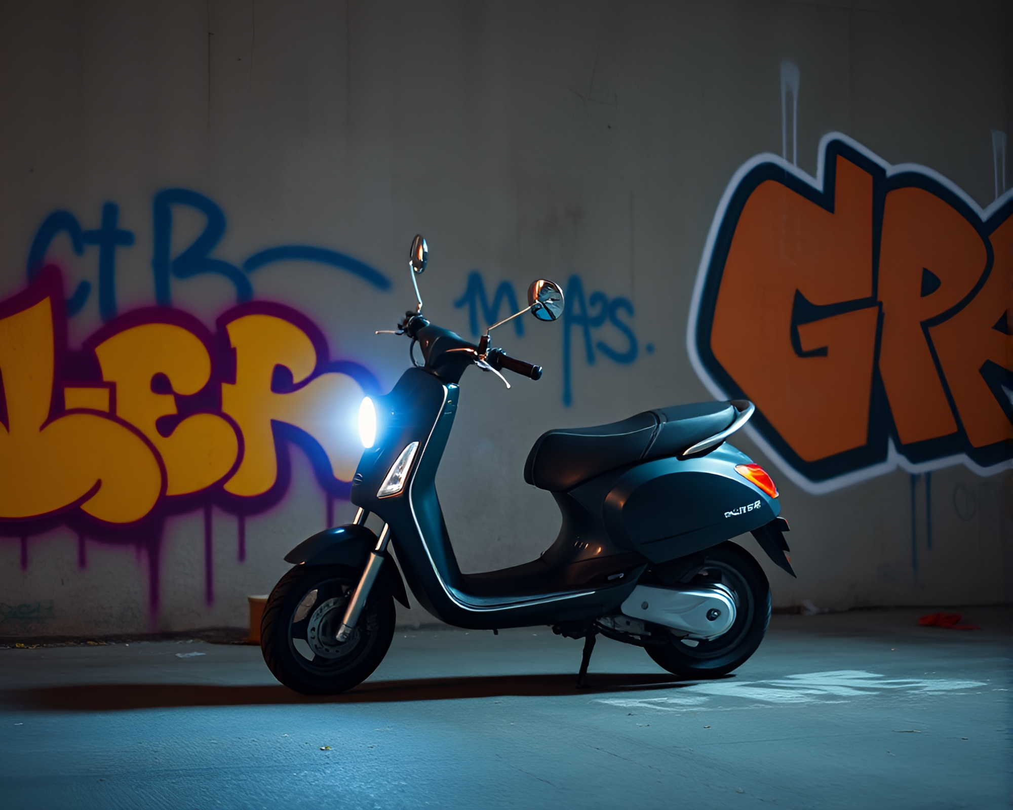 Urban Glow: Electric Scooter in Graffiti Alley – free AI stock image