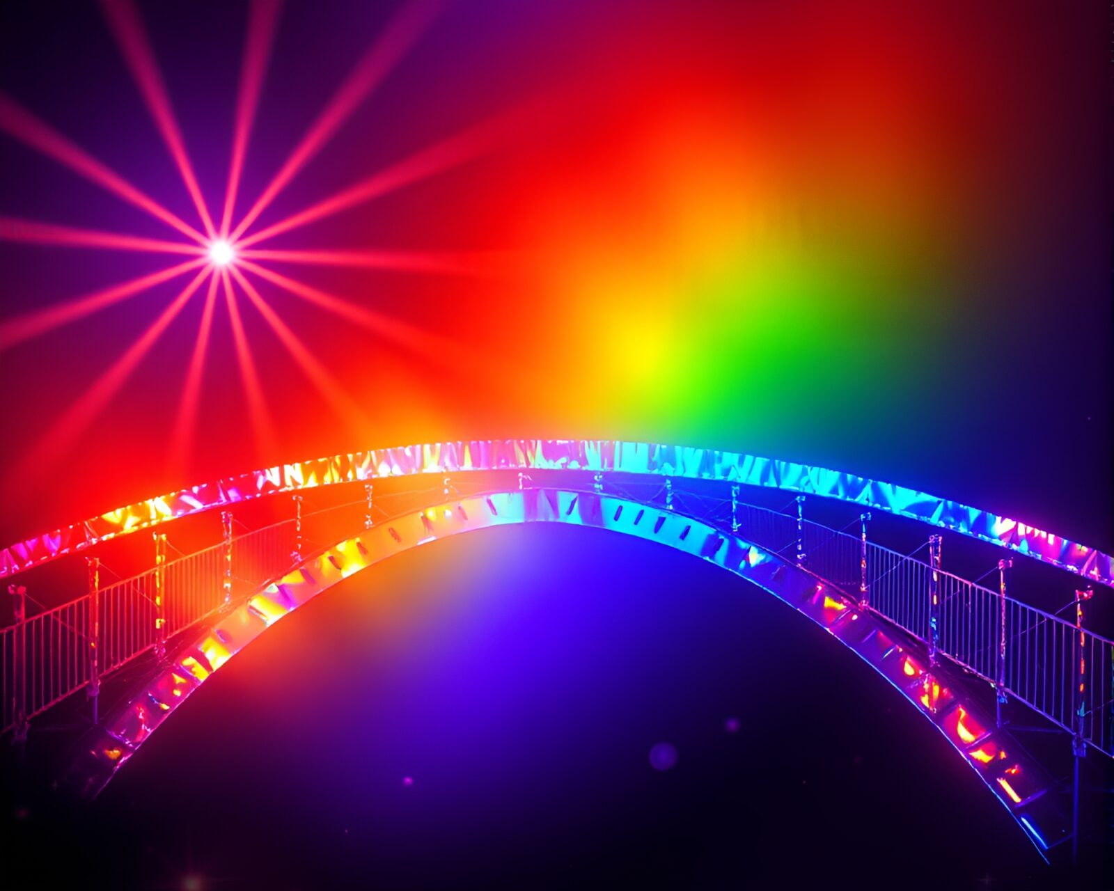 Colorful bridge view through shimmering soap film layers