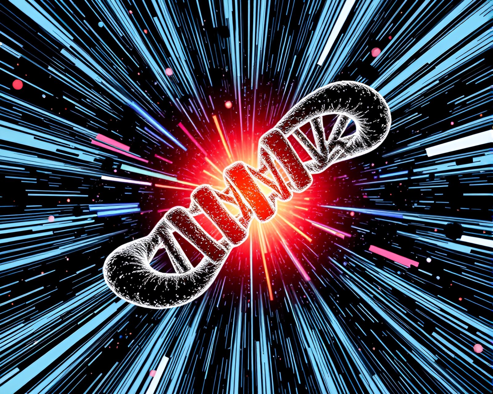 Colorful hyper-saturated manga-style DNA helix illustration.