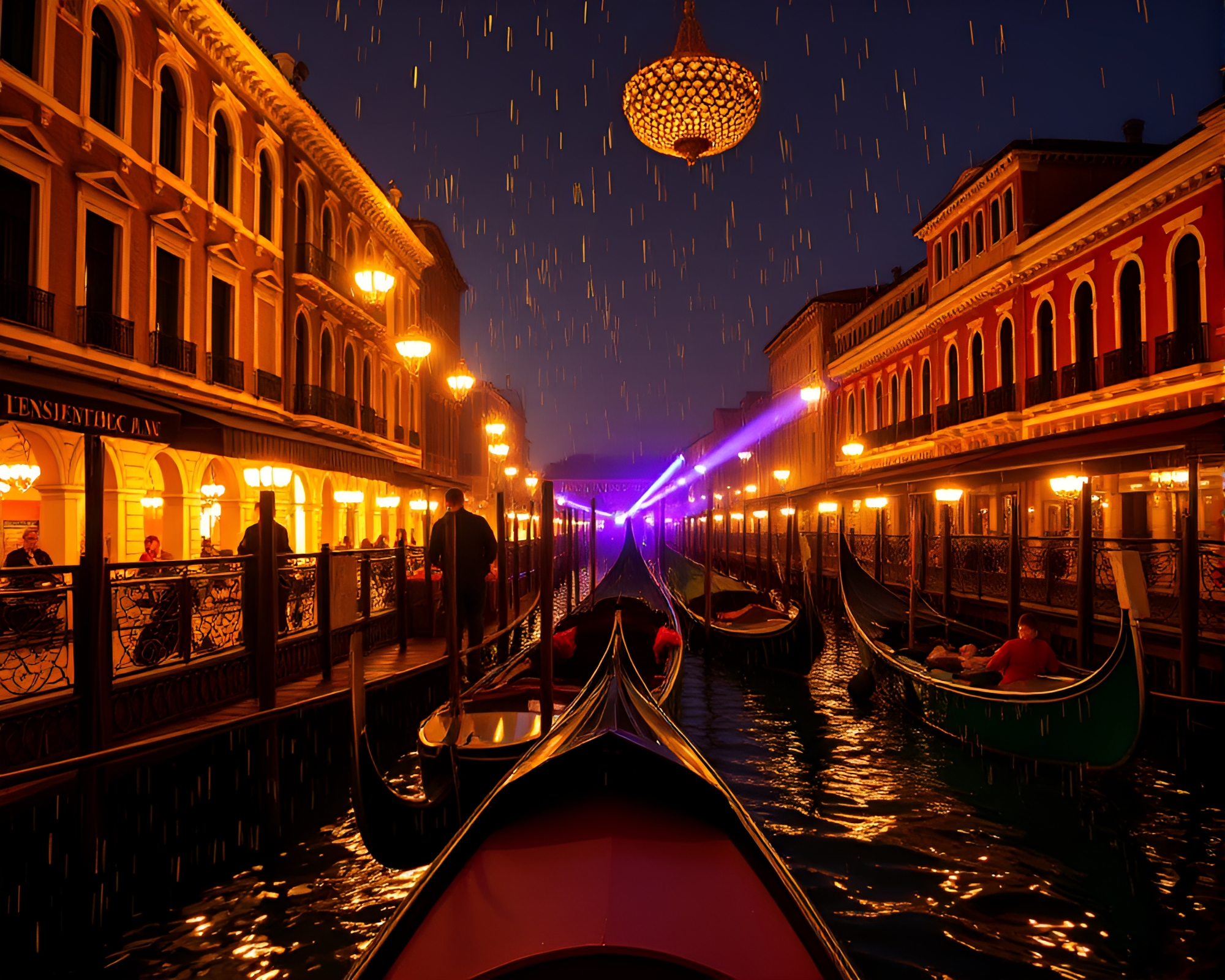 Elegant Venetian Gondola Gold Foil Strobe Club Scene – free AI stock image