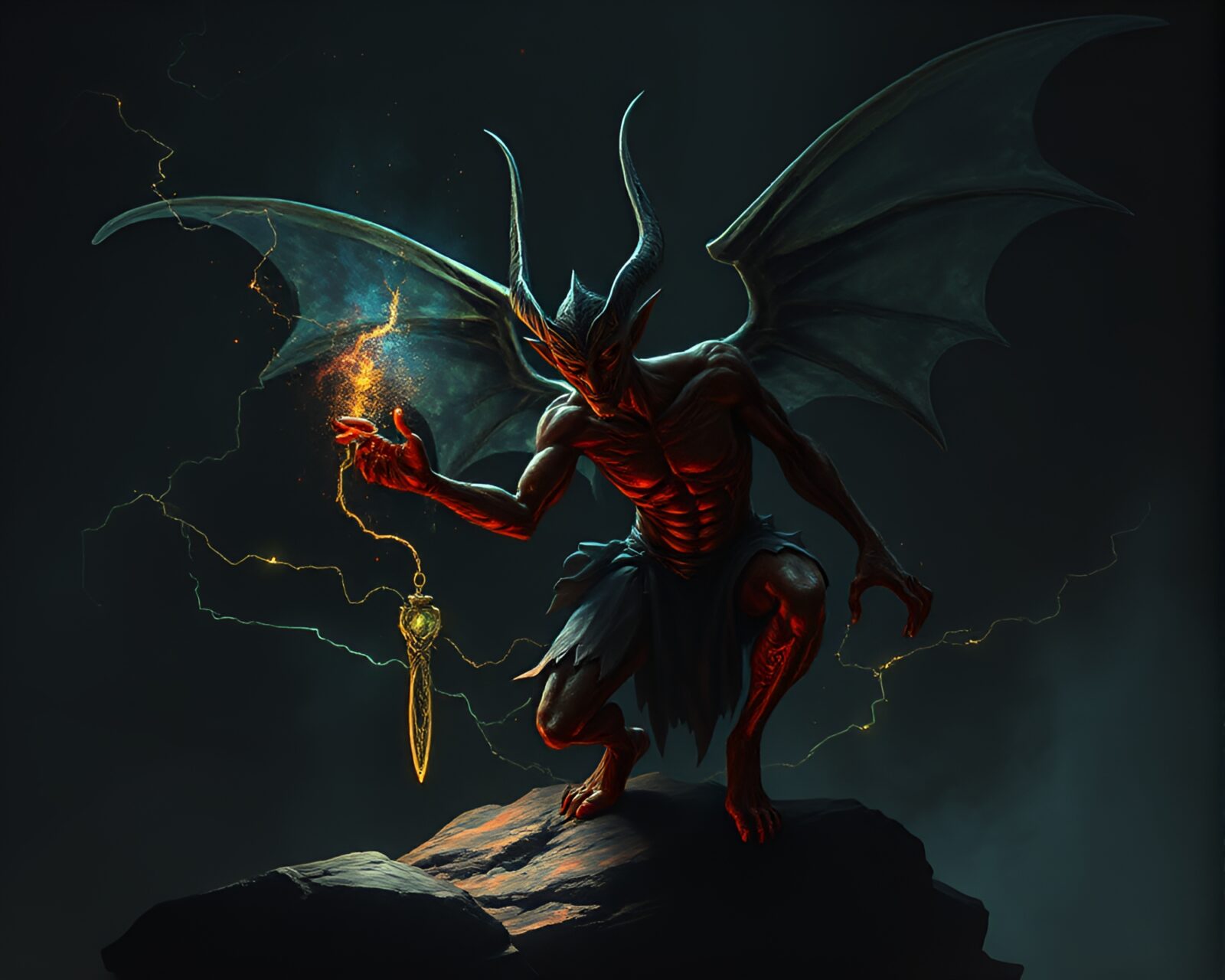 An eerie écorché study of a Djinn amidst hologram specks in shadowy attic