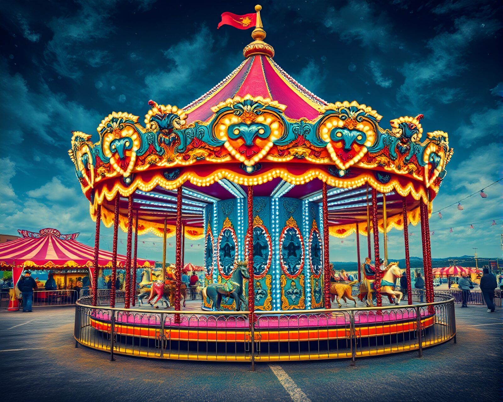 Colorful carnival carousel with detailed beadwork decorations under split-toned lighting