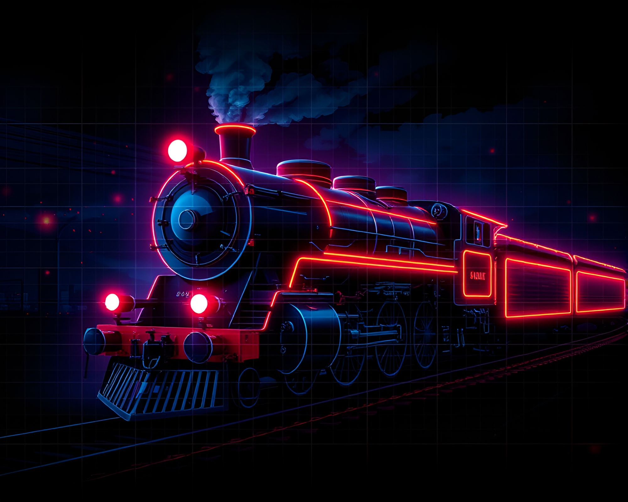 Grid Overlay: Steam Locomotive in Neon Pointillism – free AI stock image