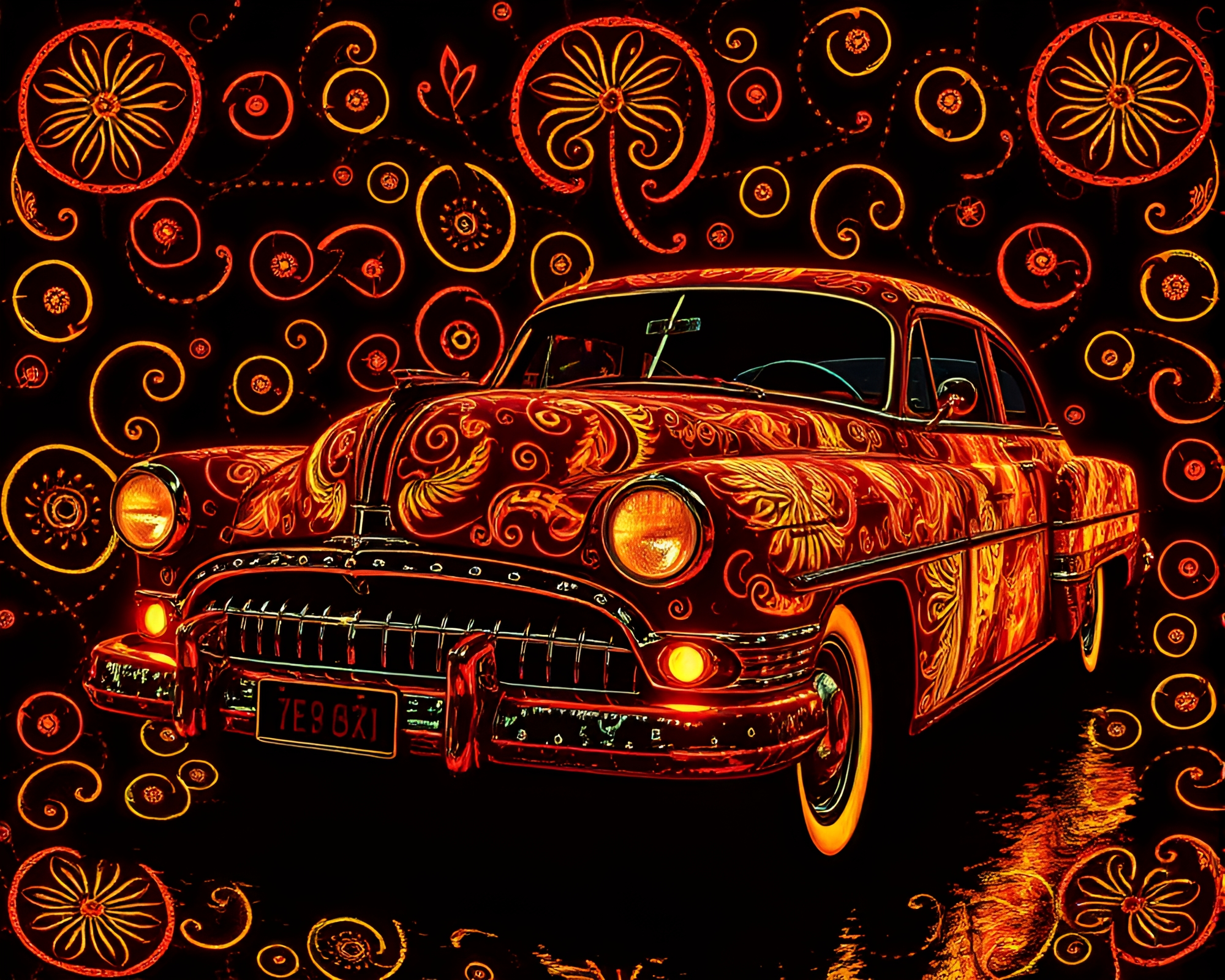 Vintage Car Illuminated by Fluorescent Impasto Patterns – free AI stock image