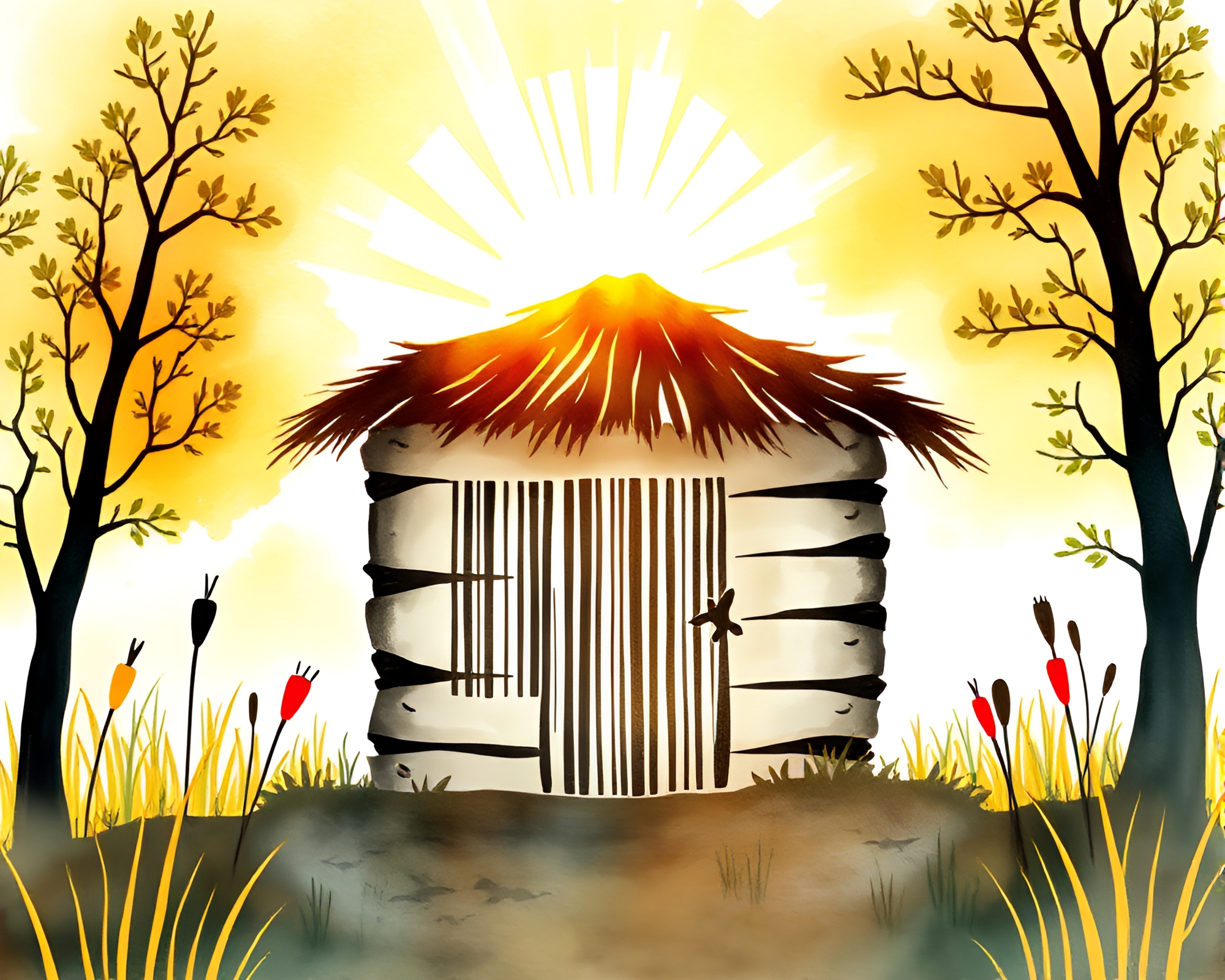 Mud Hut Oasis in Solar Flare Jungle – free AI stock image
