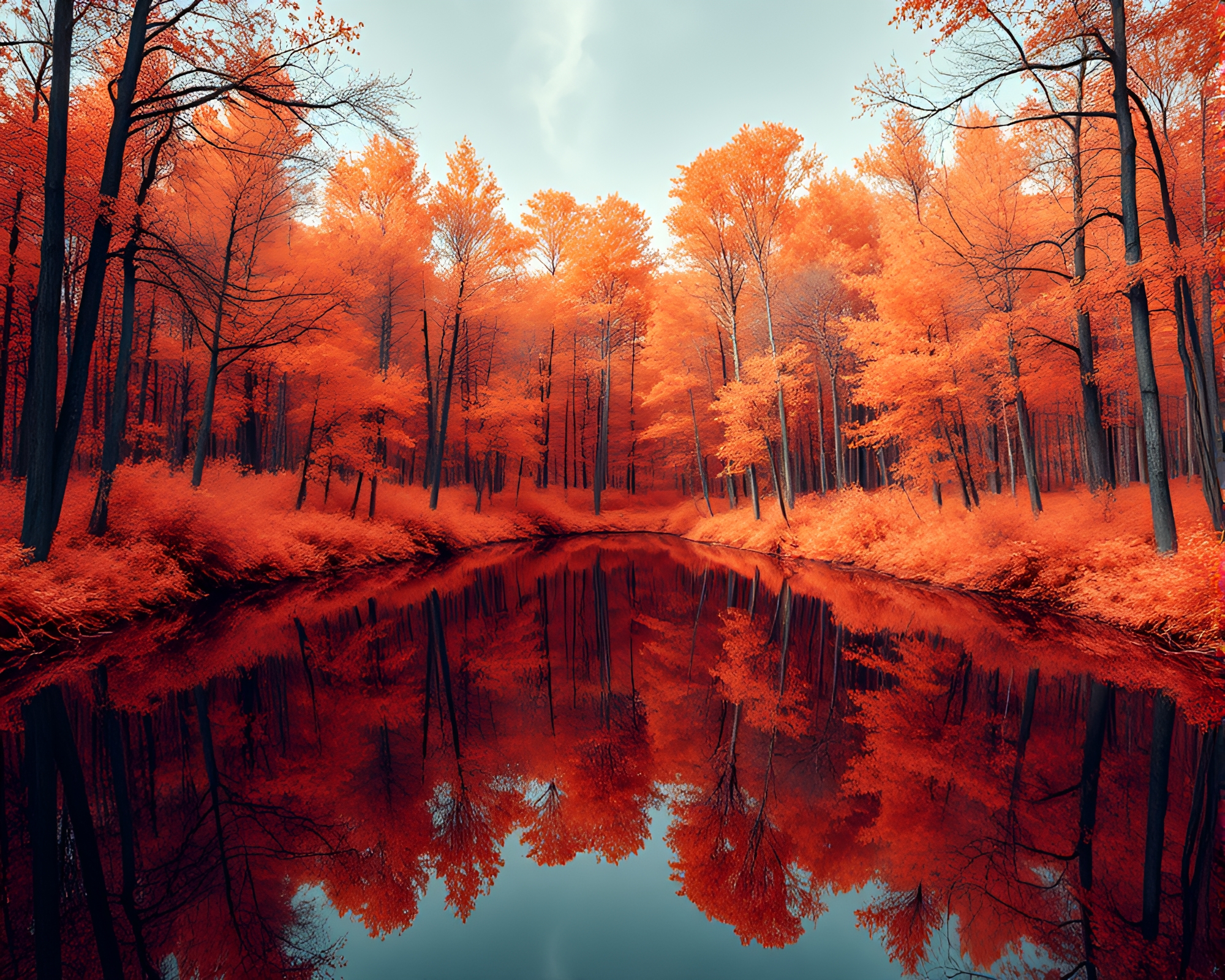 Autumn Forest Reflection: Infrared Symmetry – free AI stock image