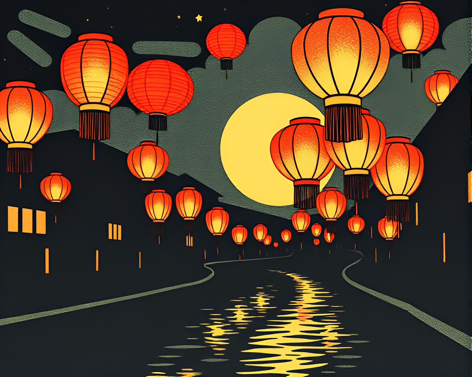 Paper Lanterns in Opera-House Glow Linocut Print – free AI stock image