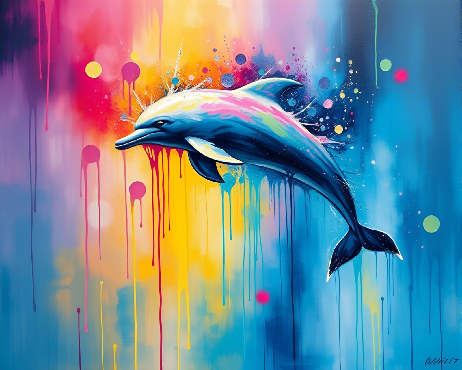 Mesmerizing impressionist artwork of a dolphin swimming in misty air