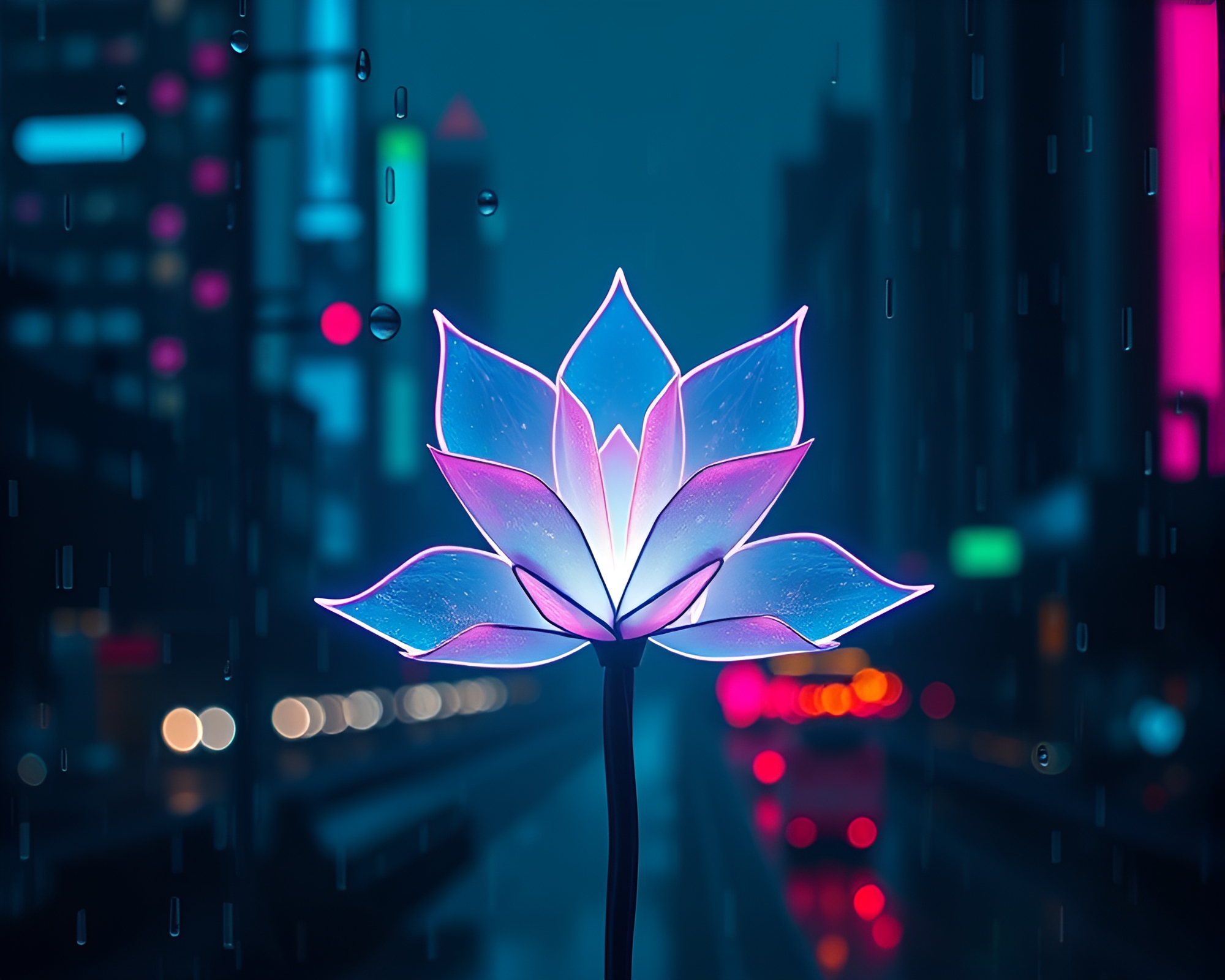 Neon Rain: Origami Flower in Bio-Organic Cityscape – free AI stock image