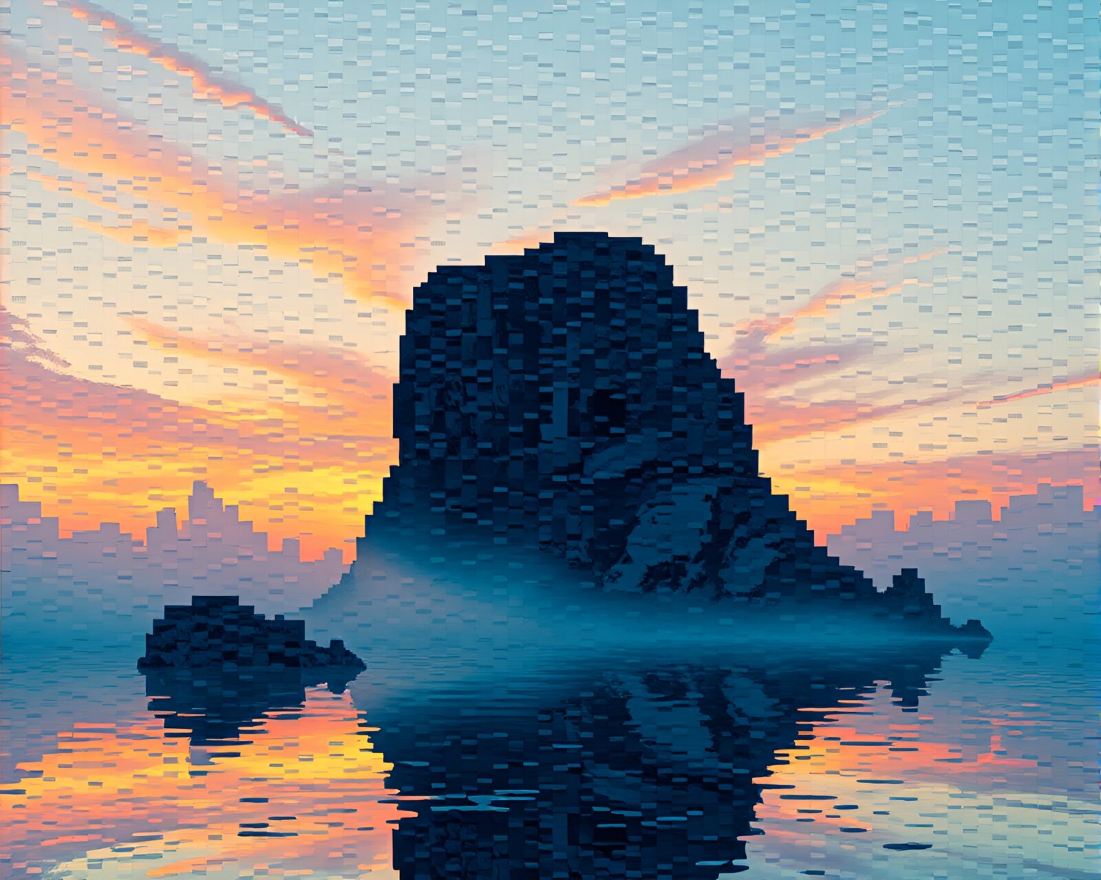 Ethereal dawn mist over a water-distorted monolith with mosaic patterns