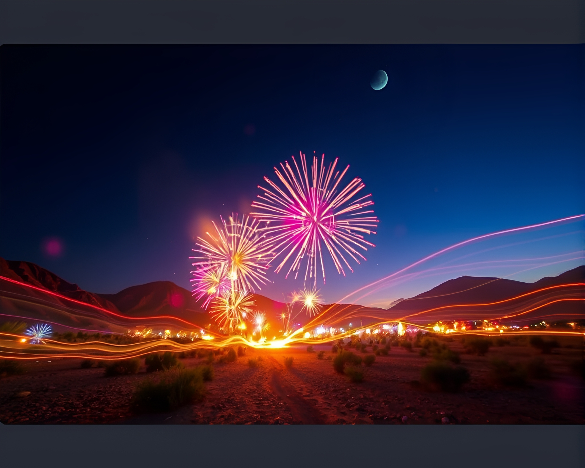 Vibrant Light Trail Festival in Desert Night – free AI stock image