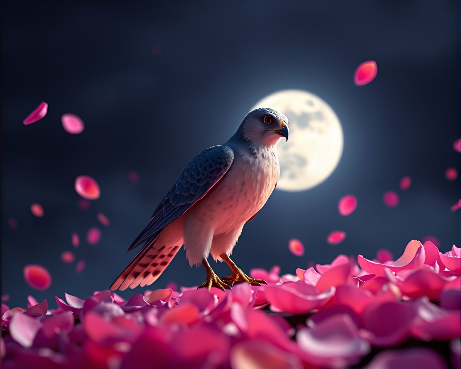 Low-poly 3D Falcon crafted from ethereal flower petals
