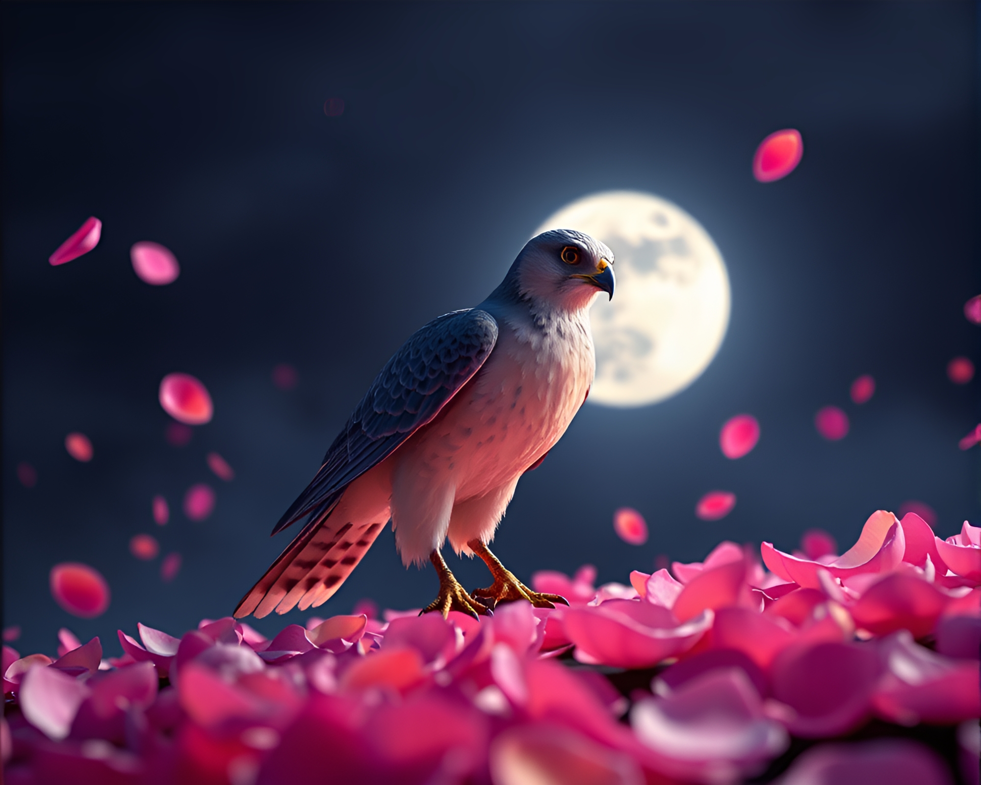 Moonlit Falcon made of low-poly flower petals – free AI stock image