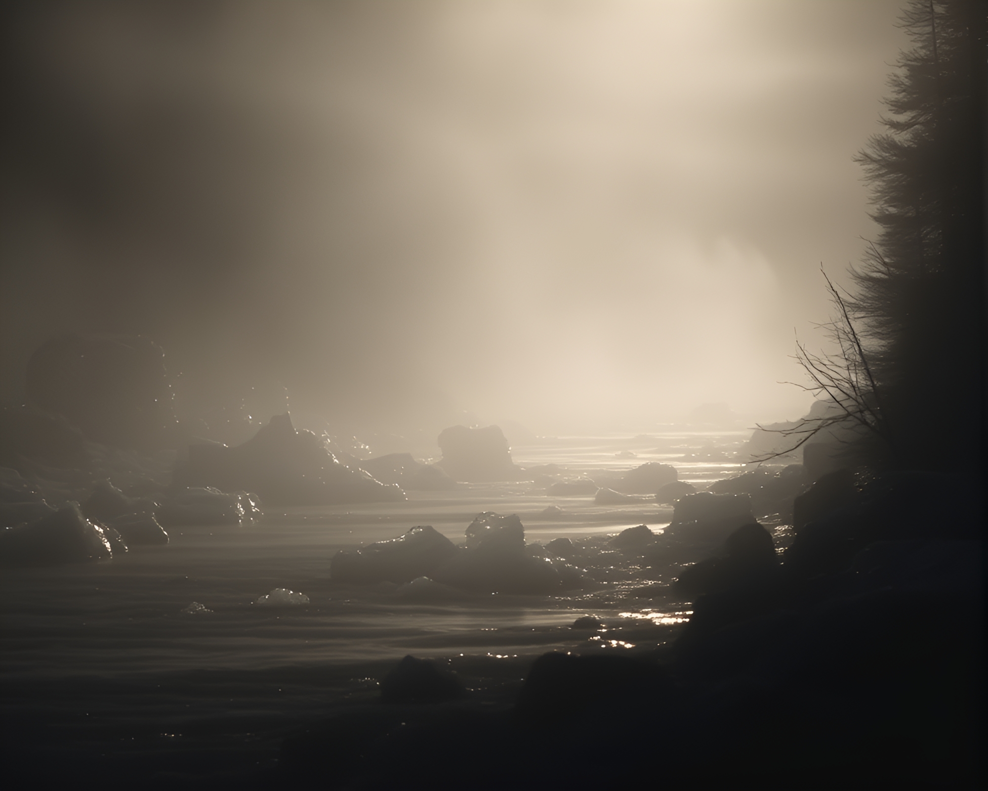 Glistening Ice Crystals in Charcoal Black River – free AI stock image