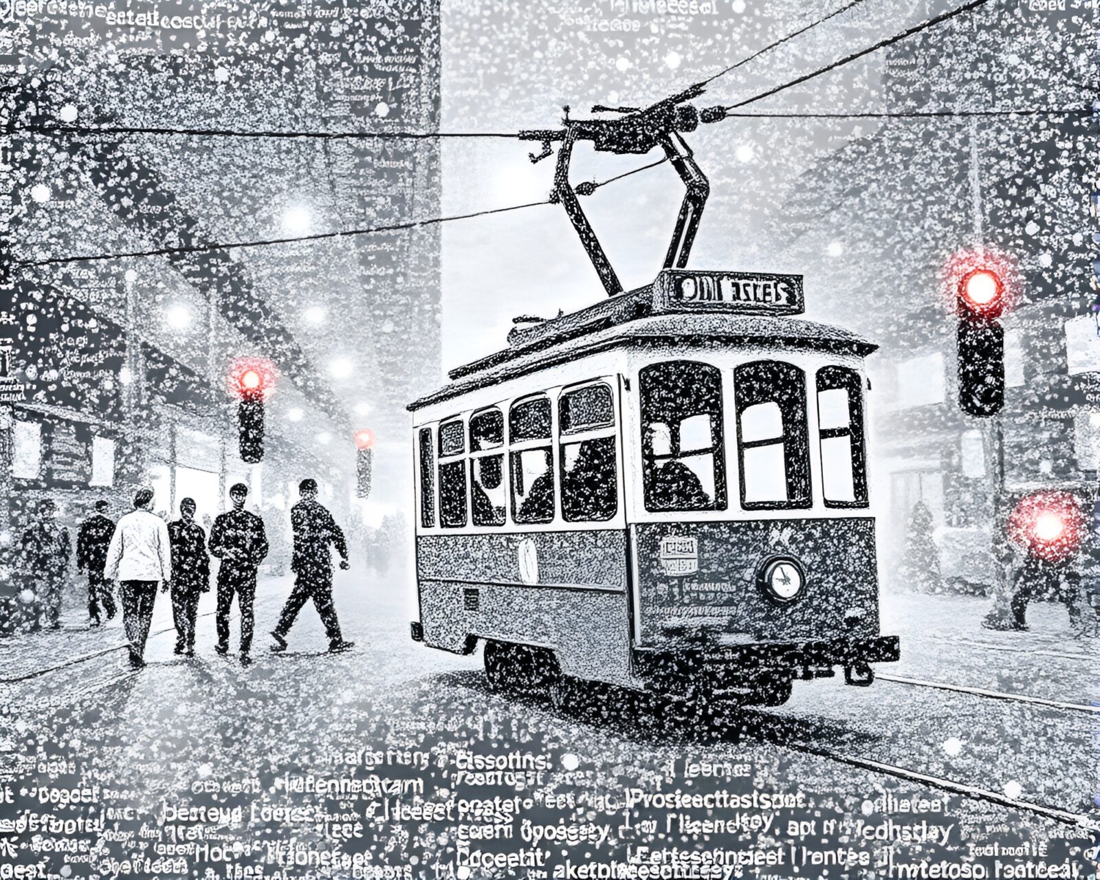 Abstract digital artwork of stippling technique on a misty cable car scene