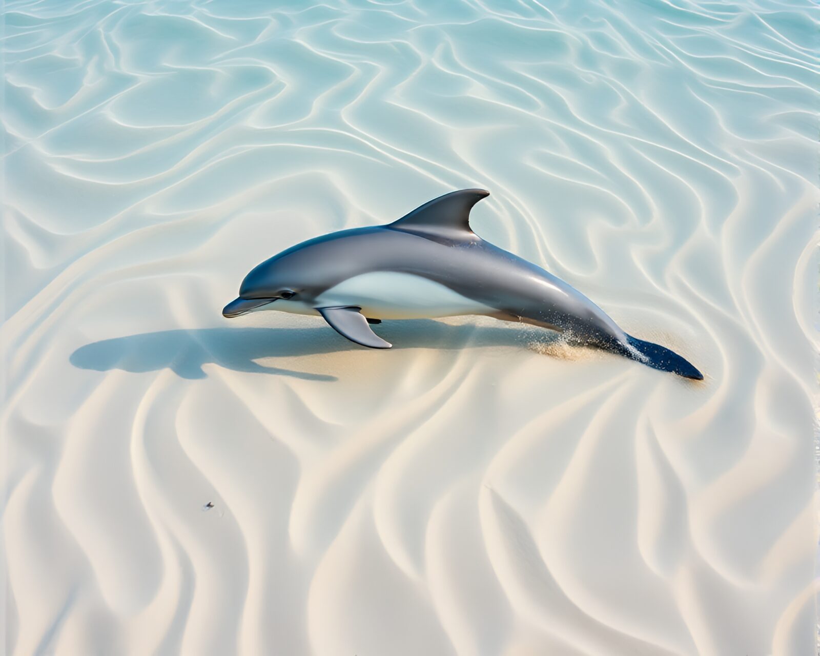 A breathtaking image of a dolphin gracefully swimming in swirling sand patterns in ocean blue hues, captured with telephoto photography