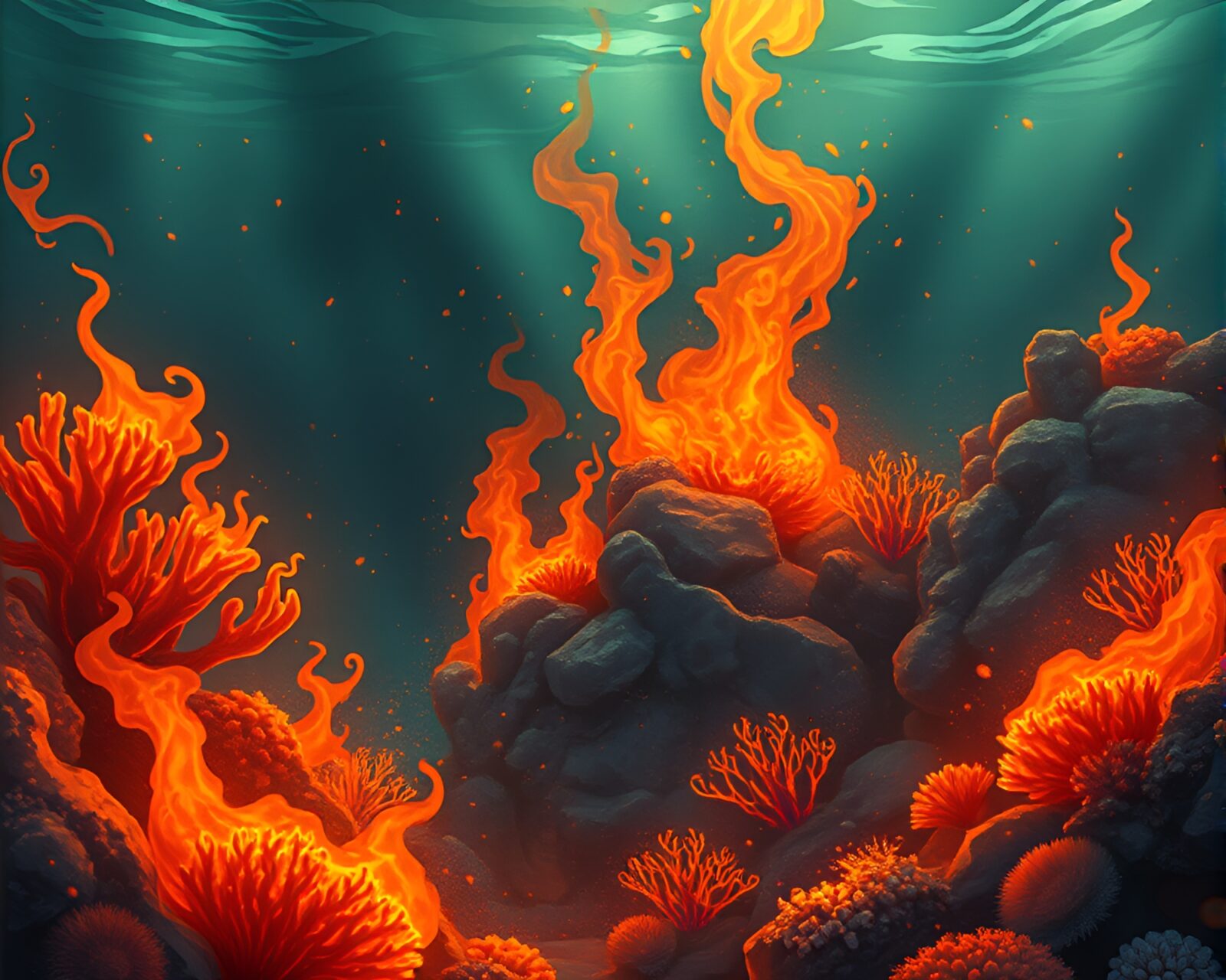 Surreal underwater scene with coral reef and fiery film burns