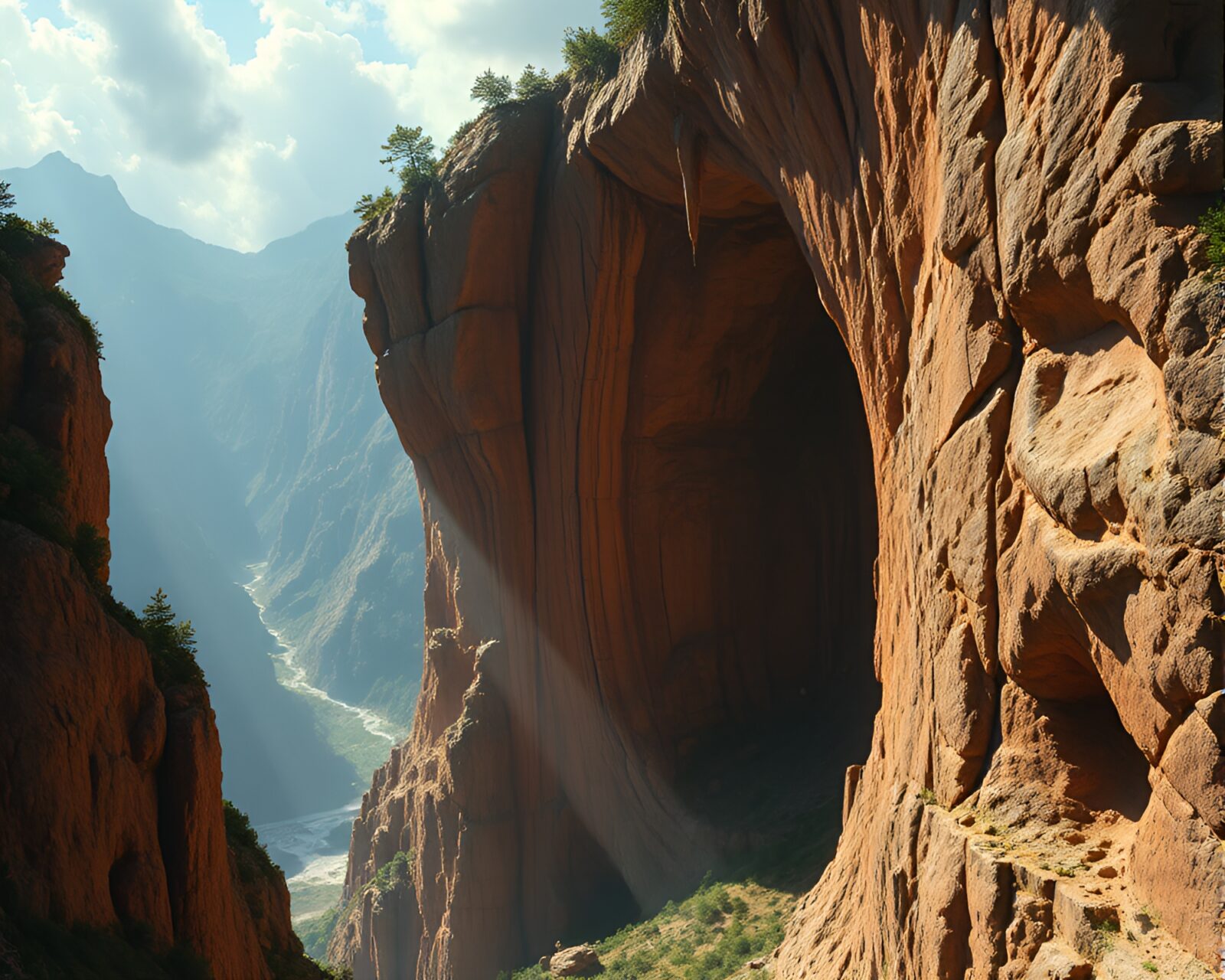 Intricate fractal portal opening on shadowy cliff edge