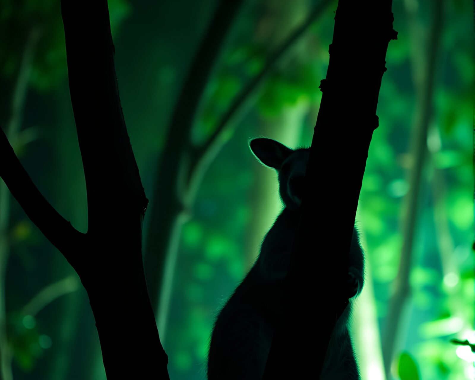 Pixelated kangaroo in vibrant green haze among light trails