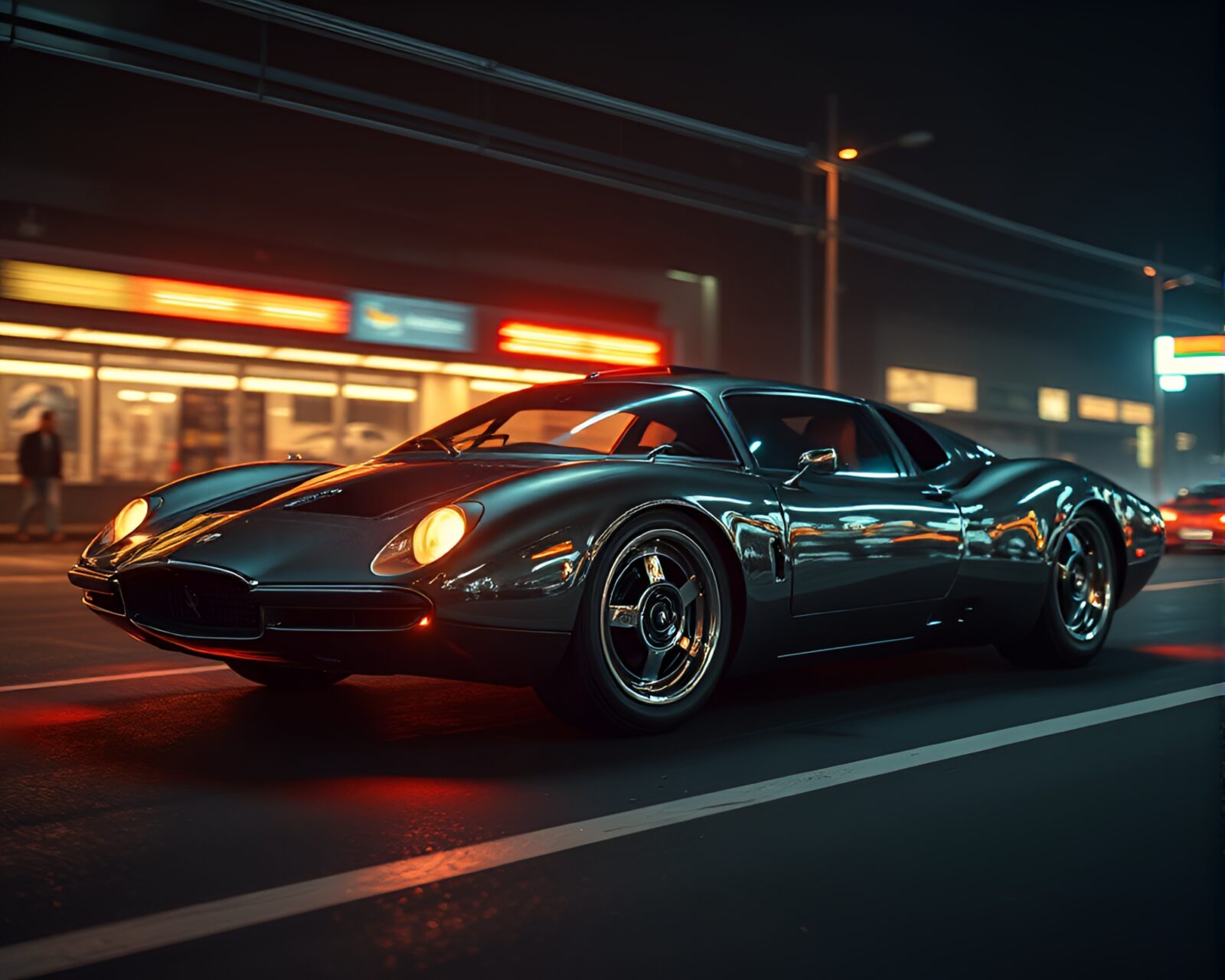 Sleek hover car with silver leaf detailing in dim lighting