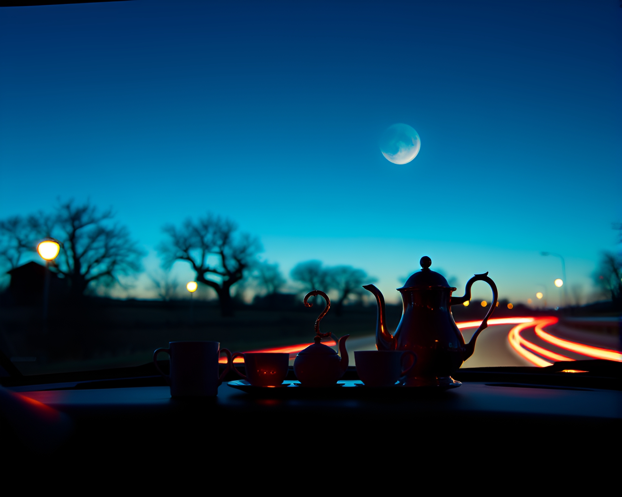 Enchanting Tea Party with Car Light Trails – free AI stock image