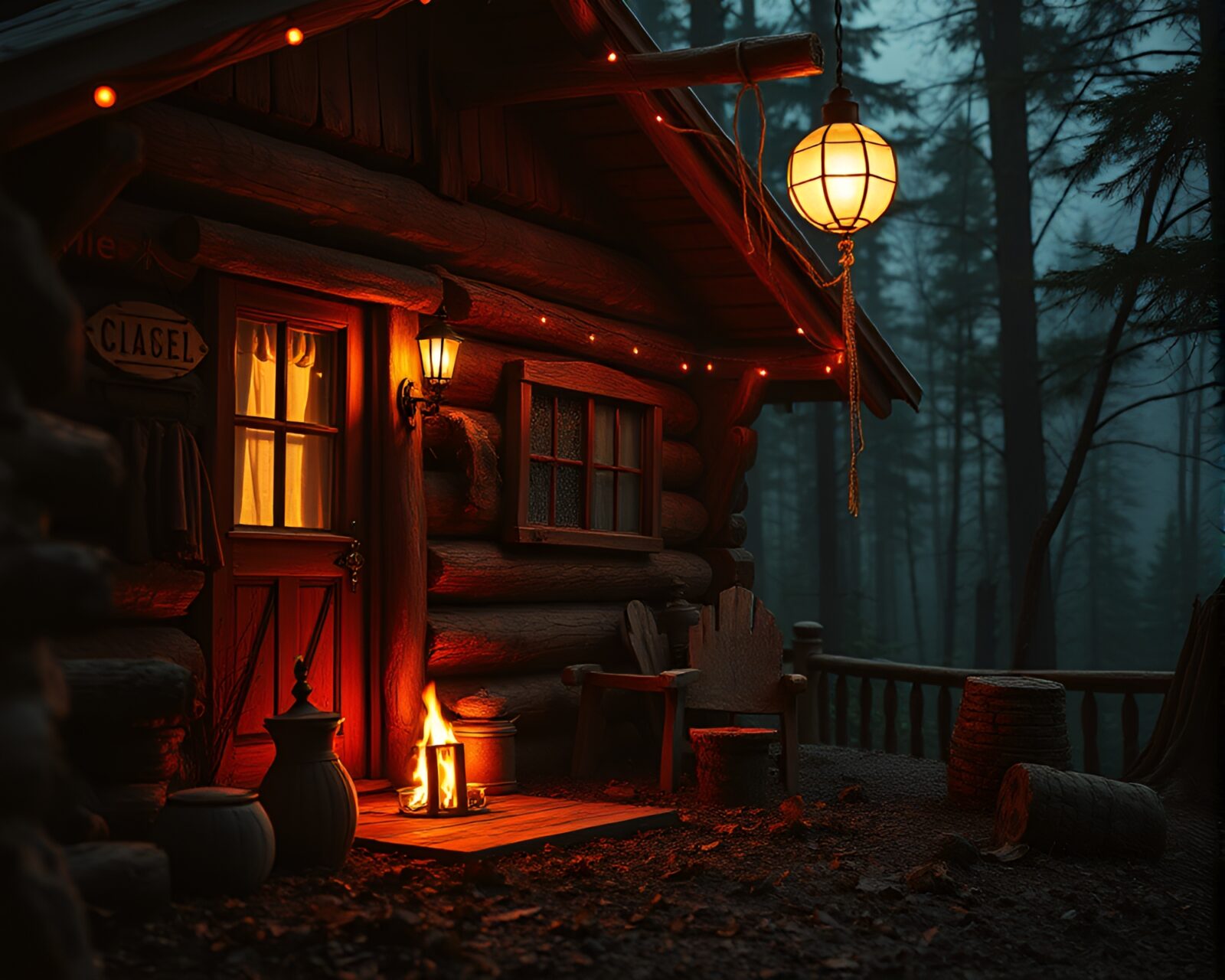 Macro detail of a rustic cabin shrouded in necromantic shades