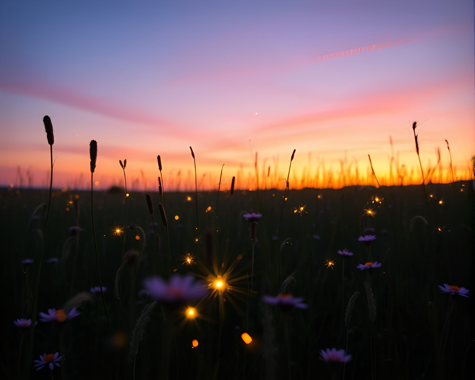 Twilight Sparkler Trails through Grayscale Meadow – free AI stock image