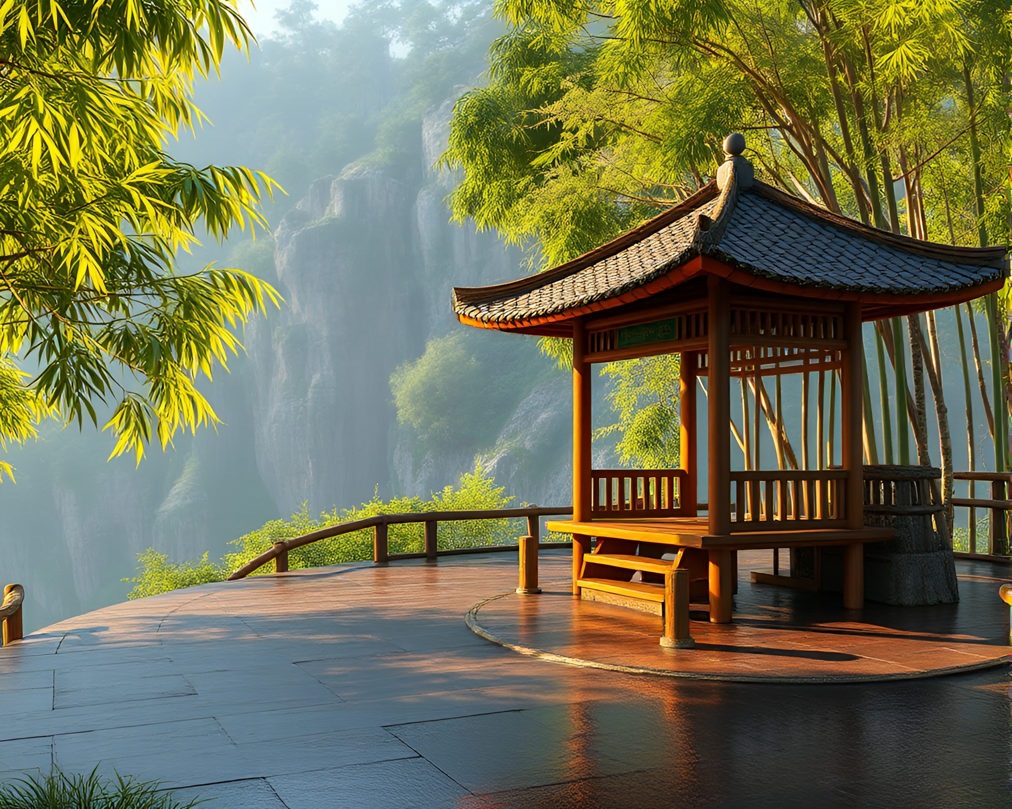 Bamboo Hut on Cliffside Shadow with Wet Pavement – free AI stock image