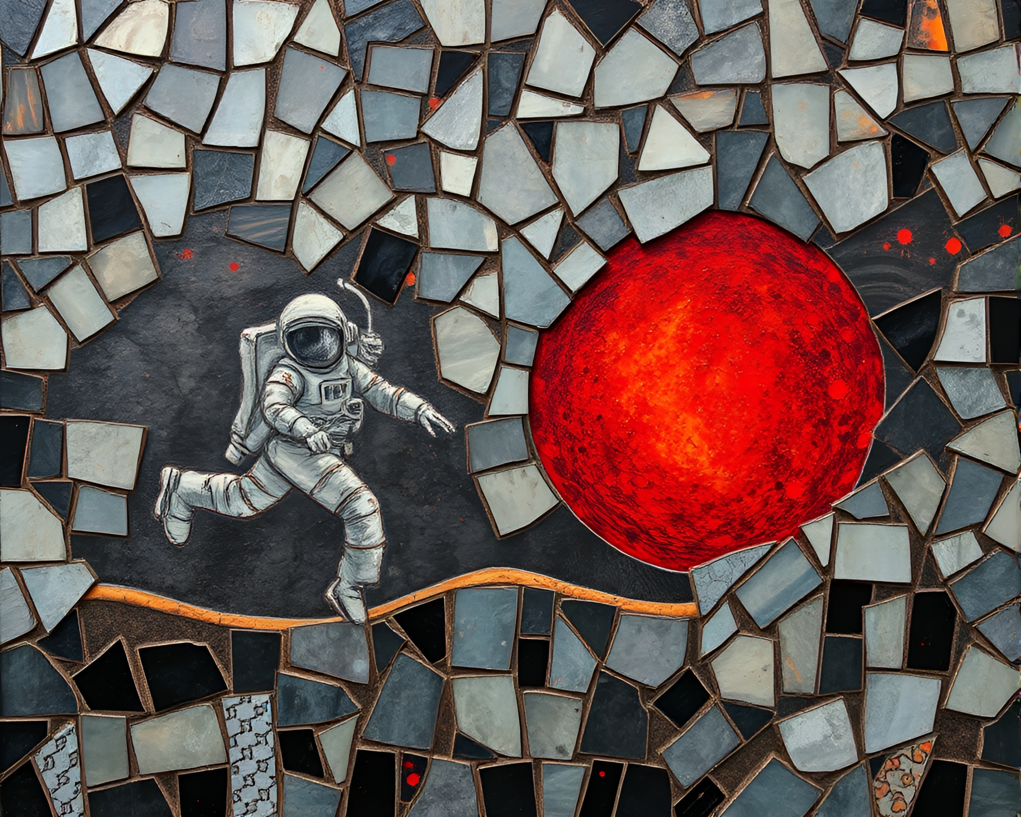 Astronaut amid broken mosaic fragments in volcano glow – free AI stock image