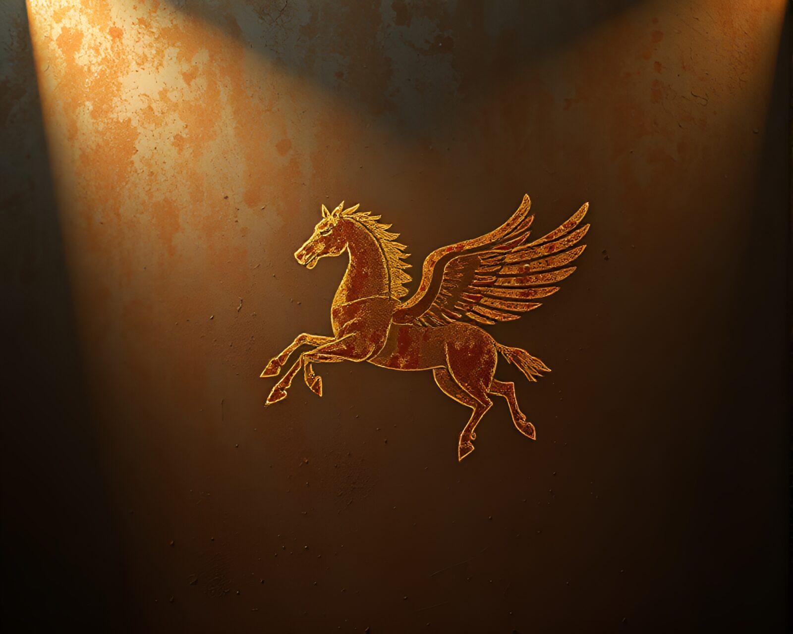 An ethereal crosshatched Pegasus bathed in spotlight against rust flake background