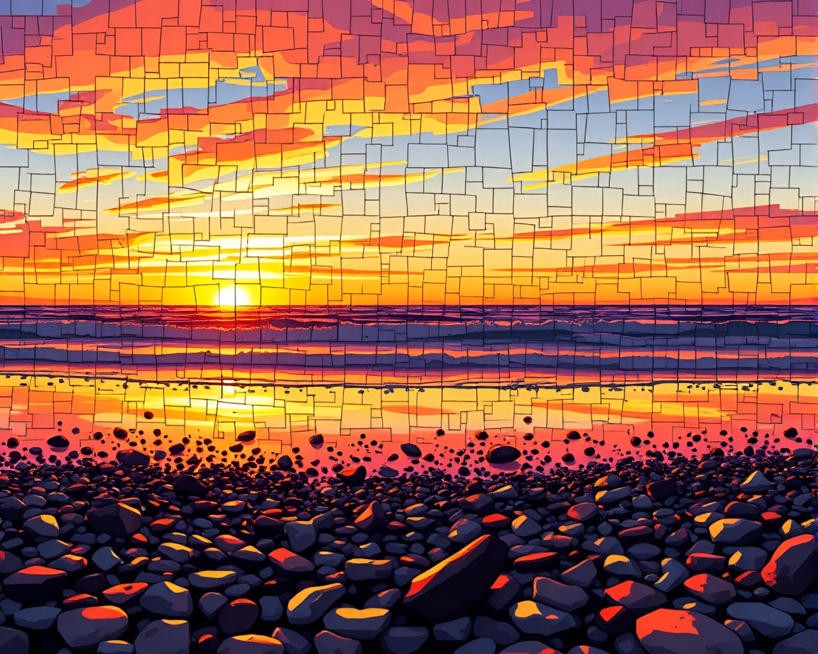 Vibrant anime-style mosaic of pebble beach at sunset