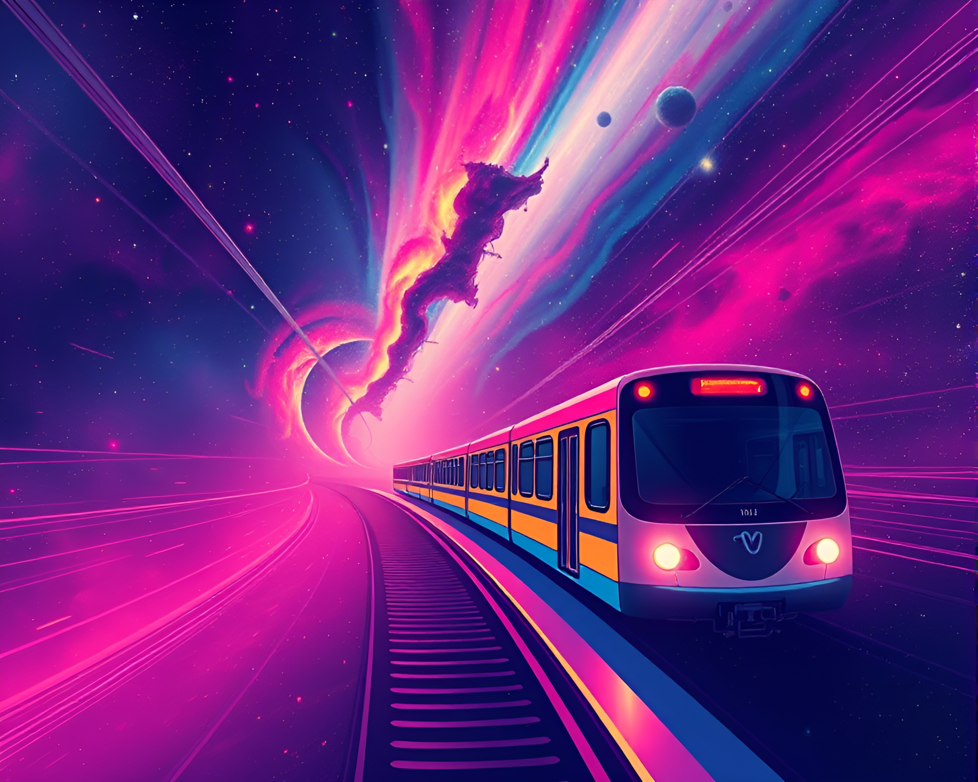 Retrowave Monorail Swirling Nebula Shading Art – free AI stock image