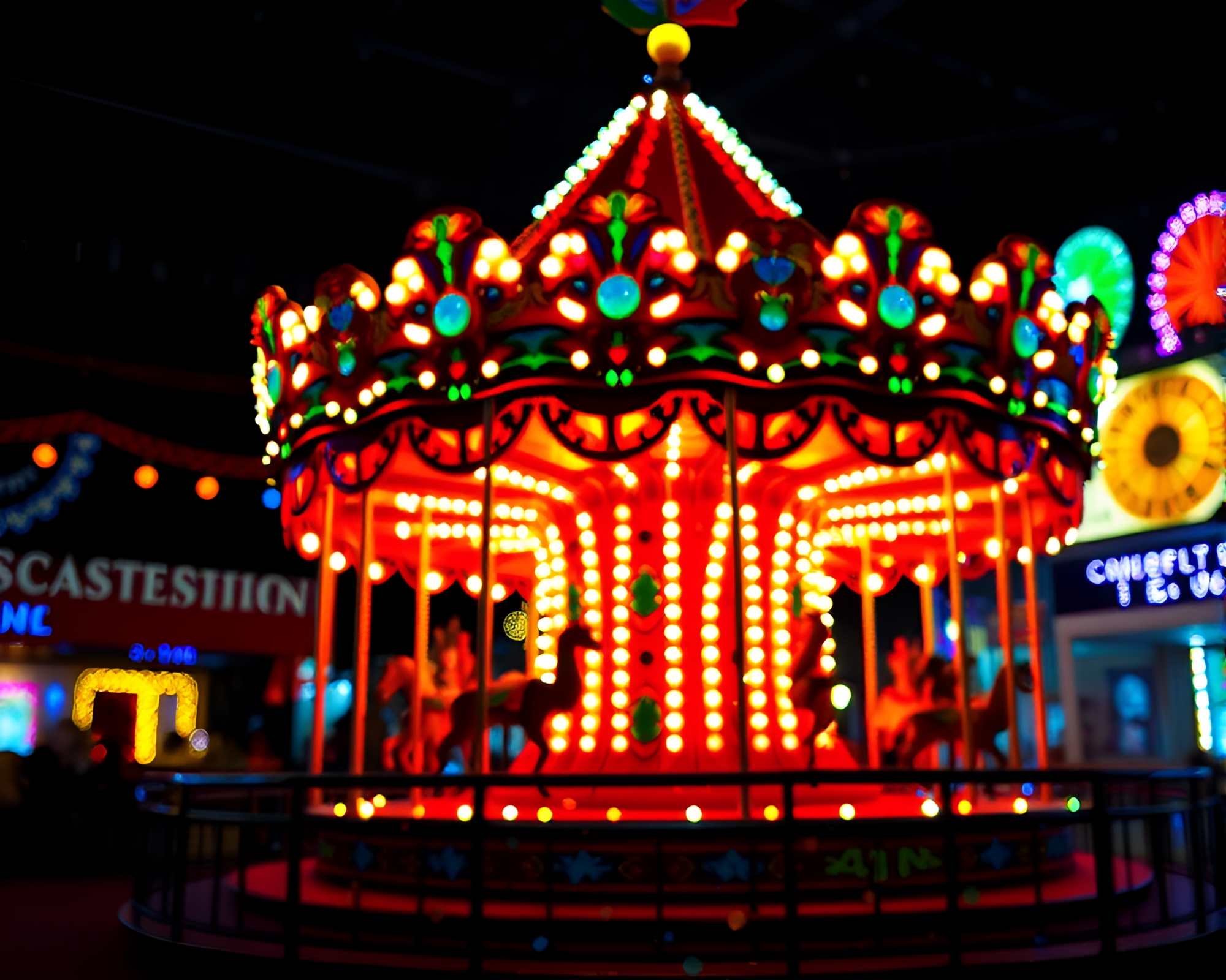 Mosaic Carnival Carousel under Voxel Lights – free AI stock image
