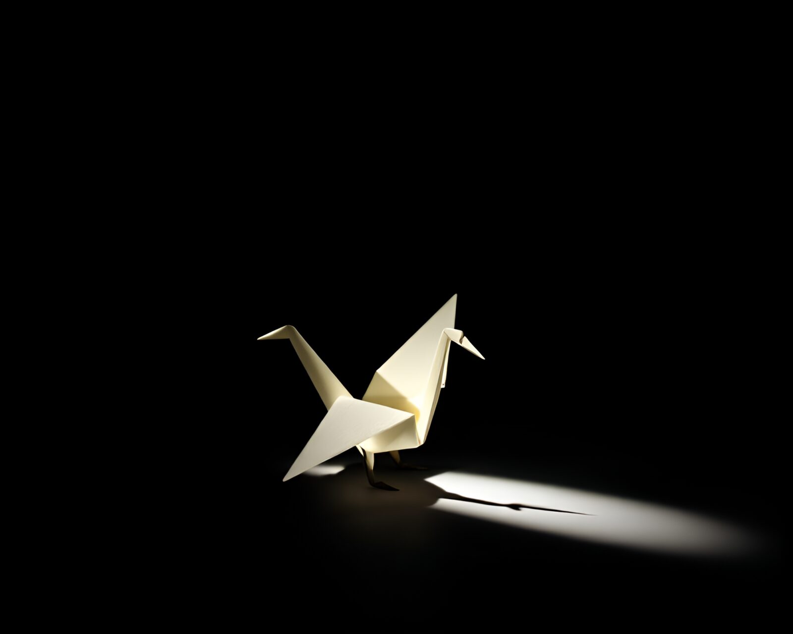 Elegant origami crane glowing in torchlight amidst negative space