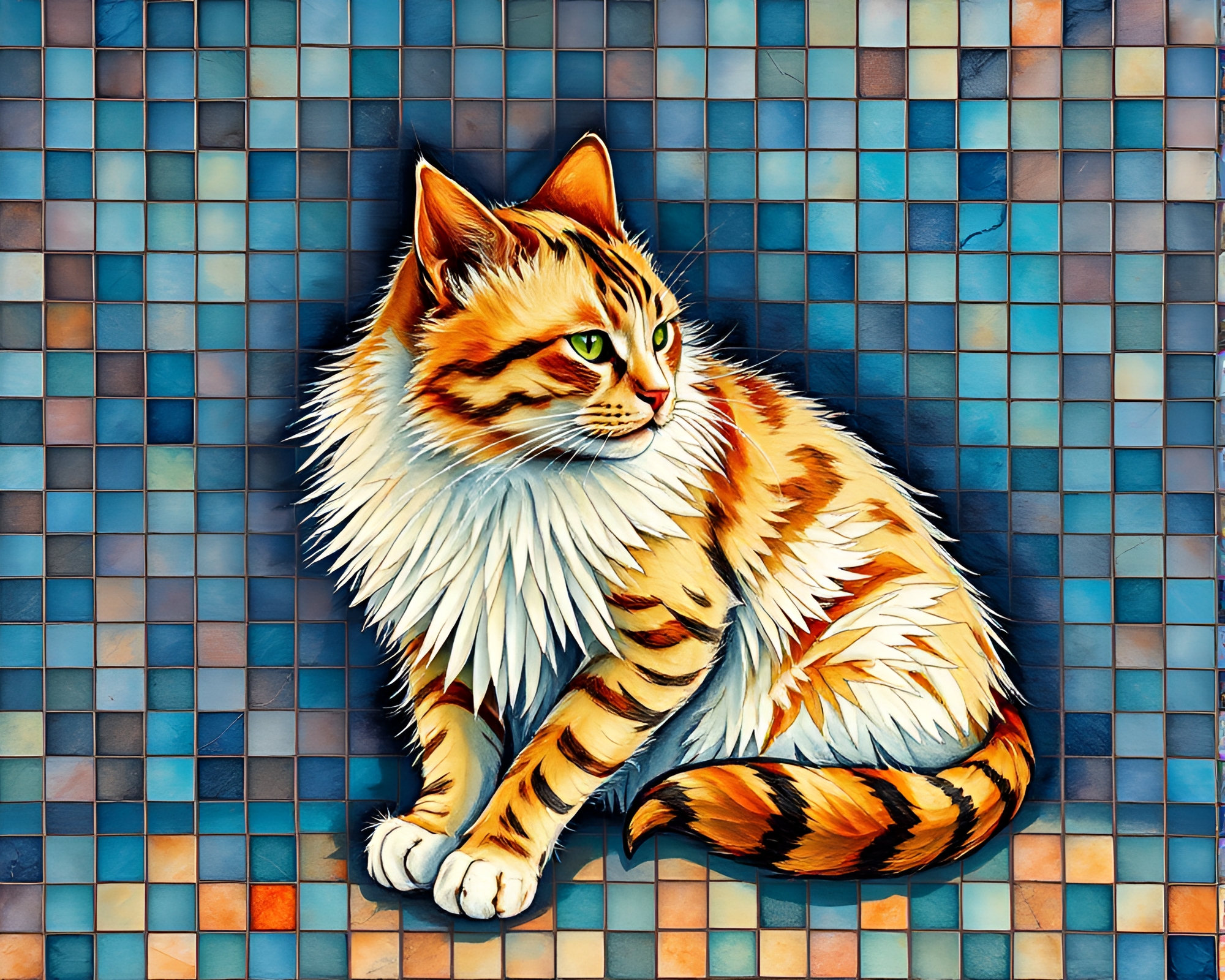 Schrodinger’s Cat in Mosaic Watercolor Dream – free AI stock image