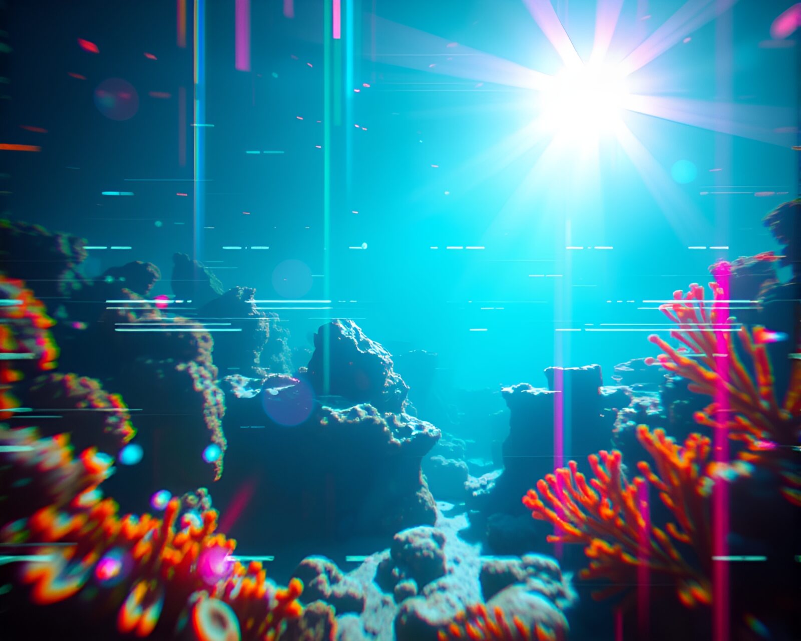 Digital HUD overlay on underwater glitching reef landscape.