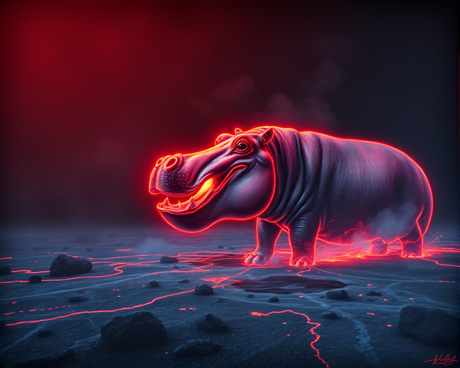 Chalk-drawn hippo near split focus diopter under red glow